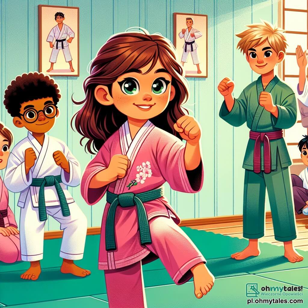 Na środku obrazu Ania, 10-letnia dziewczynka z długimi brązowymi włosami i błyszczącymi oczami, w różowym kimonie przygotowuje się do kopnięcia karate. Po jej prawej stronie Tomek, 11-letni chłopiec z rozczochranymi blond włosami i pewnym uśmiechem, jest w pozycji obronnej, gotowy do wsparcia. Po lewej stronie Kasia, 10-letnia dziewczynka z kasztanowymi włosami i okularami, z podziwem trzyma małą flagę, aby wspierać przyjaciół. W tle Kuba, 10-letni chłopiec z czarnymi włosami i niebieską czapką, unosi ręce w geście zwycięstwa. Sceneria rozgrywa się w jasnej sali dojo, z zielonymi tatami na podłodze i ścianami ozdobionymi zdjęciami mistrzów karate. Widzowie siedzą na drewnianych ławkach, klaskając i kibicując młodym karatekom. Główna sytuacja pokazuje Anię wykonującą spektakularne kopnięcie, podczas gdy Tomek jest gotów jej pomóc, a Kasia i Kuba entuzjastycznie ich wspierają. Atmosfera jest pełna energii i koleżeństwa, ilustrując ducha drużyny i wzajemne wsparcie w sporcie.