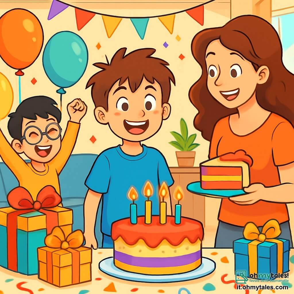 Un ragazzo di 12 anni, con i capelli castani in disordine e occhi brillanti di gioia, si trova al centro di una stanza decorata per il suo compleanno. Indossa una maglietta blu vivace e pantaloni corti gialli, e il suo viso irradia eccitazione e felicità. Accanto a lui, sua madre, una donna di circa trent'anni con capelli lunghi e ricci, sorride calorosamente mentre tiene una grande fetta di torta colorata. Un amico, un ragazzo di 12 anni con occhiali rotondi e capelli neri, ride con le braccia alzate in segno di celebrazione, proprio accanto a un tavolo pieno di palloncini e regali. La scena si svolge in un soggiorno luminoso, pieno di palloncini colorati che fluttuano sul soffitto e festoni scintillanti appesi alle pareti. Un grande tavolo è coperto da una tovaglia a motivi gioiosi, decorato con una magnifica torta di compleanno con candele. Il ragazzo sta per soffiare le candele, circondato dai suoi amici e dalla sua famiglia, tutti impazienti e sorridenti, creando un'atmosfera festosa e calorosa.