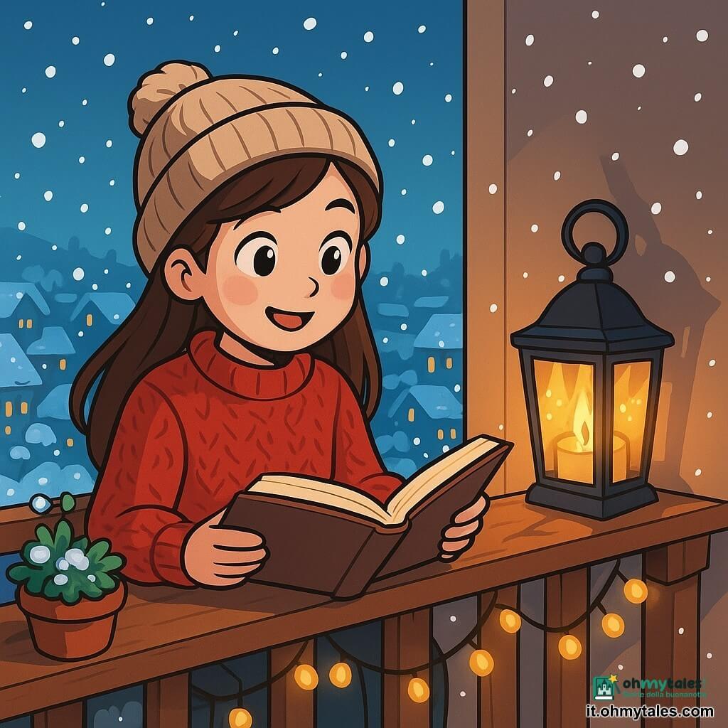 Una bambina di nome Marta, con lunghi capelli castani e guance rosate, è seduta su un balcone di legno, circondata da fiocchi di neve che cadono dolcemente. Indossa un grosso maglione rosso lavorato a mano e un berretto di lana, il suo viso emana curiosità e gioia. Accanto a lei, una lanterna in ferro battuto, con una luce calda e scintillante, sembra vibrare di eccitazione, proiettando ombre danzanti sul muro. Il balcone è decorato con ghirlande luminose e piccoli vasi di fiori ghiacciati, mentre sotto, la città è coperta da un manto bianco, con tetti scintillanti e lampioni illuminati che creano un'atmosfera magica. Marta legge un libro aperto, i suoi occhi brillano di immaginazione, mentre la lanterna accanto a lei brilla intensamente, come se ascoltasse attentamente la storia di un inverno dolce e amichevole.