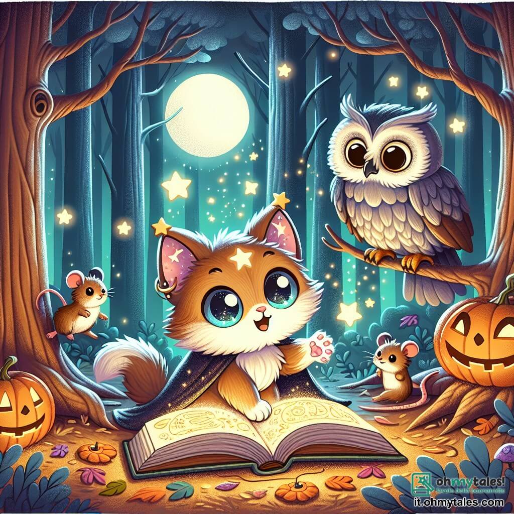 Un gattino di luna, con un pelo scintillante come stelle e orecchie a forma di stella, mostra grande curiosità mentre tiene un libro magico aperto davanti a sé, i suoi occhi brillano di meraviglia. Accanto a lui, un gufo saggio, con piume grigie e occhiali rotondi, osserva attentamente la scena, serio, posato su un ramo. Un piccolo topo, con pelo marrone e occhi vivaci, è vicino, sorridente e gesticolante, pronto a partecipare all'avventura. La scena è ambientata in una foresta incantata, con alberi alti e maestosi, foglie dorate sotto la luna e lanterne a forma di zucca che illuminano il terreno coperto di foglie colorate. Il gattino scopre un antico libro di incantesimi che ha liberato creature magiche nella foresta, creando un'atmosfera festosa e misteriosa mentre gli animali si riuniscono per festeggiare Halloween insieme.
