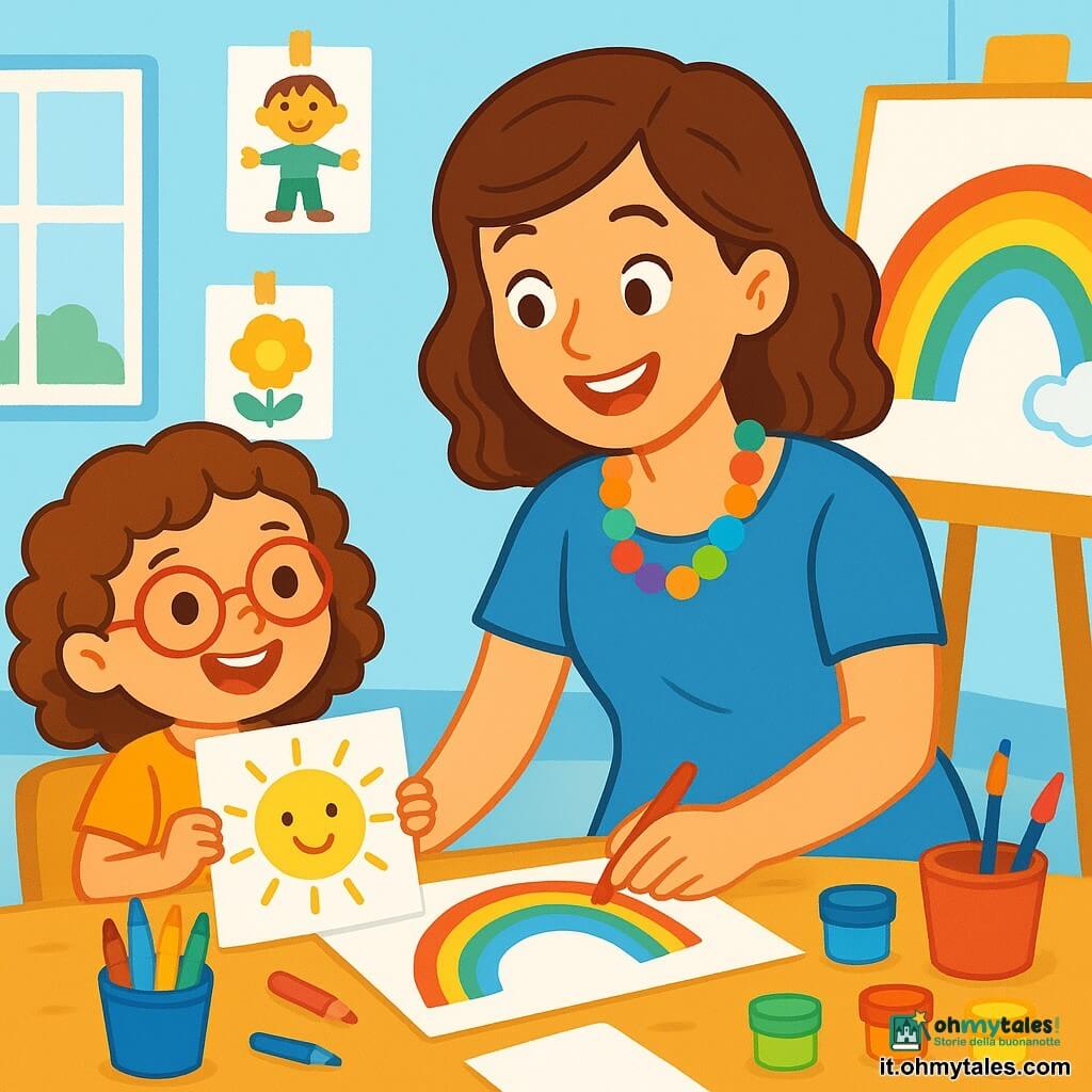 La maestra Sofia, una donna sorridente di circa trent'anni, indossa una grande collana colorata e un vestito blu. I suoi occhi brillano di gioia mentre aiuta un bambino a disegnare. Lia, una bambina di 6 anni con capelli ricci e occhiali tondi, mostra orgogliosamente il suo disegno di un sole giallo. È seduta accanto a Sofia, con un grande sorriso sul volto. L'aula è luminosa e accogliente, con pareti dipinte di blu chiaro e disegni di bambini appesi ovunque. Al centro, un grande tavolo è coperto di pastelli, fogli bianchi e barattoli di vernice. La scena principale mostra Sofia che incoraggia i bambini a disegnare insieme, creando un arcobaleno di colori sulla lavagna. I bambini ridono e si divertono, riempiendo la stanza di felicità e creatività.