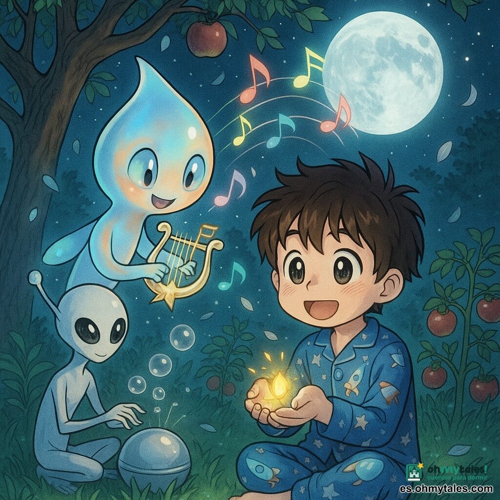 Un niño de 8 años, rostro redondo y pelo castaño despeinado, en pijama azul con cohetes y descalzo sobre el césped, sostiene delicadamente una pequeña semilla luminosa; junto a él flota Lúmina, una gota translúcida de piel irisada azul y naranja, con dos ojos nacarados y sonrisa, que sostiene una pequeña lira de estrellas que emite notas como filamentos de luz; a su lado hay otro extraterrestre delgado con antenas perladas y manos en forma de pincel, sentado junto a un instrumento esférico que proyecta burbujas musicales plateadas y lo mira con benevolencia; el jardín es una pequeña huerta con un manzano de hojas detalladas, césped húmedo por el rocío, tomates al fondo y pétalos plateados flotando, iluminados por una luna llena suave; escena principal: un concierto nocturno bajo el manzano — notas visibles como cintas de colores ascienden en una atmósfera mágica y serena mientras el niño escucha maravillado y la semilla en sus manos pulsa suavemente.