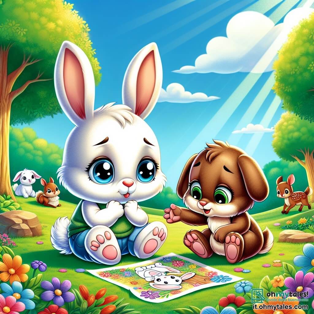 Un piccolo coniglietto bianco con grandi orecchie e occhi blu brillanti, seduto su un tappeto di fiori colorati, guarda tristemente un disegno che tiene tra le zampe, che rappresenta la sua famiglia. Accanto a lui, una coniglietta dal pelo marrone e occhi verdi, sorridente e piena di compassione, gli porge una zampa per confortarlo, seduta su un prato verde. Sullo sfondo, un gruppo di animali, tra cui un piccolo cervo e uno scoiattolo, gioca allegramente, creando un'atmosfera di compagnia. La scena si svolge in un parco soleggiato, pieno di alberi maestosi e fiori vivaci, dove i raggi del sole filtrano tra le foglie. Il coniglietto condivide le sue emozioni con i suoi amici, illustrando il sostegno e l'amicizia in un momento di tristezza.