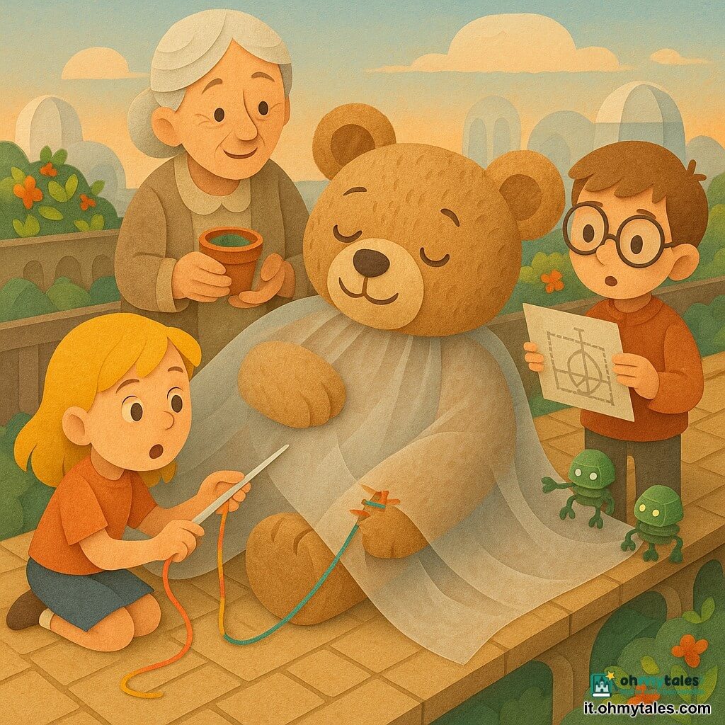 Un grande orsacchiotto marrone chiaro in stile cartone con pelo a effetto carta, volto dolce e sorridente, occhi tondi lucenti, addormentato sotto un grande velo d'ombra translucido con una piccola toppa, una zampa appoggiata sul tessuto riparato; una bambina dai capelli gialli come fili di sole, inginocchiata a sinistra, concentrata a infilare con un'ago largo di carta un filo colorato; un bambino con occhiali tondi a destra, attento, tiene un piccolo schermo di carta con un disegno tecnico vicino al velo; una nonna dai capelli argento dietro l'orsetto offre un vasetto di colla vegetale; due mini robot-giardinieri con corazza verde, pinze delicate e occhi LED aiutano a tenere il tessuto sulla passerella alta pavimentata con lastre di carta kraft, circondata da tetti-giardino verdi, piccole fiori di carta multicolore e cupole trasparenti stilizzate; atmosfera calda e solidale, colori pastello, texture carta marcate, contorni netti, stile carta ritagliata, luce morbida del tramonto.