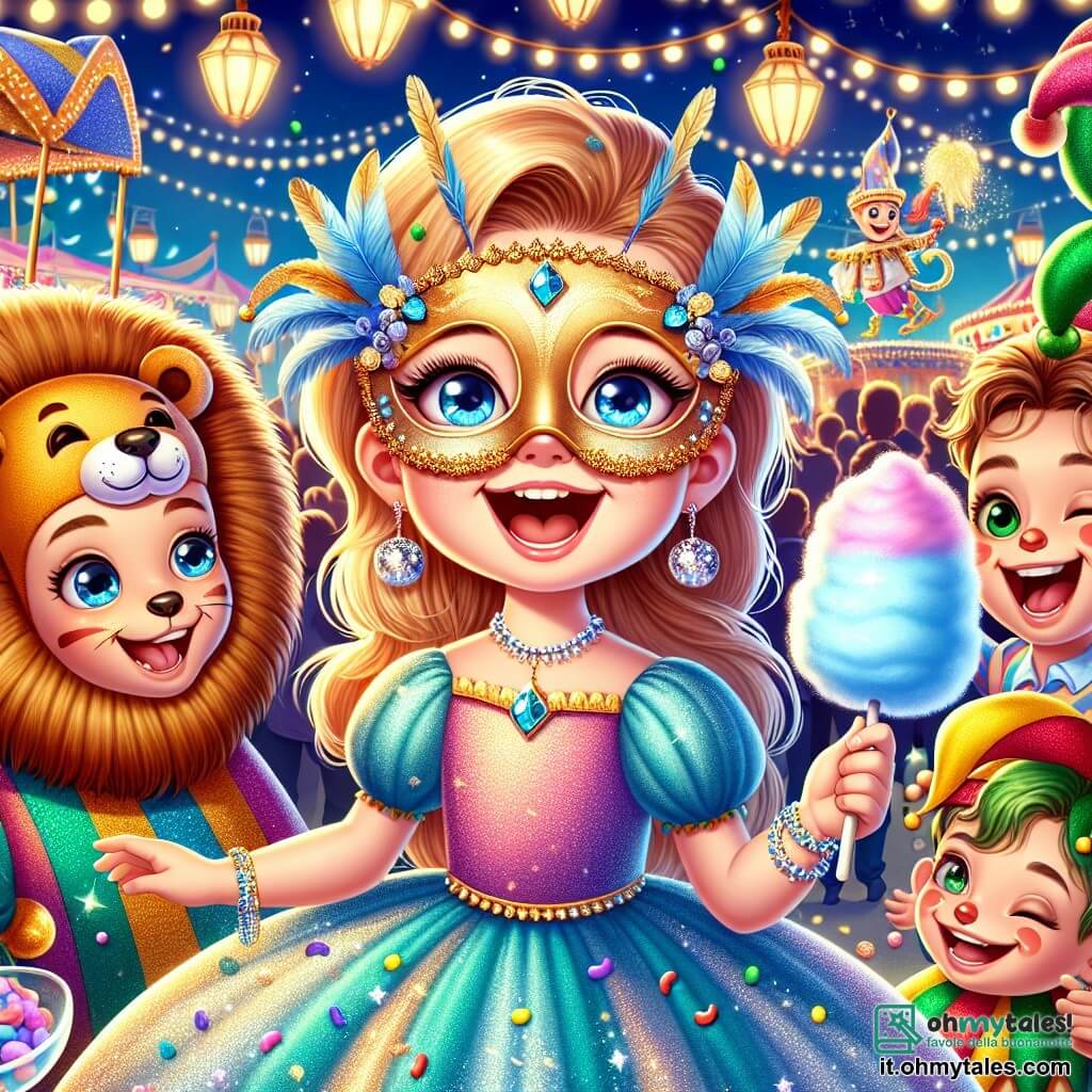 Una bambina di 6 anni, Anna, è al centro dell'immagine, radiosa di gioia con occhi scintillanti e un grande sorriso. Indossa una bellissima maschera dorata adornata con piume blu e piccole stelle argentate, e il suo vestito colorato è decorato con paillettes scintillanti. Accanto a lei, un ragazzo di 7 anni, vestito da leone con una grande criniera dorata, ride felicemente tenendo una palla di zucchero filato. Più lontano, un giullare di circa 30 anni, con un cappello a sonagli e un costume multicolore, fa smorfie e gioca con palle colorate, attirando l'attenzione dei bambini. Lo scenario è quello di un parco trasformato per il carnevale, pieno di luci scintillanti, stand colorati che vendono dolci e decorazioni festose che fluttuano nell'aria. Palloncini a forma di animali e ghirlande di fiori aggiungono un tocco di magia all'ambiente. La scena principale mostra Anna e i suoi nuovi amici, tutti riuniti attorno a un grande carro decorato come un castello incantato, ridendo e divertendosi insieme, pronti a vivere un'avventura magica nel cuore del carnevale.