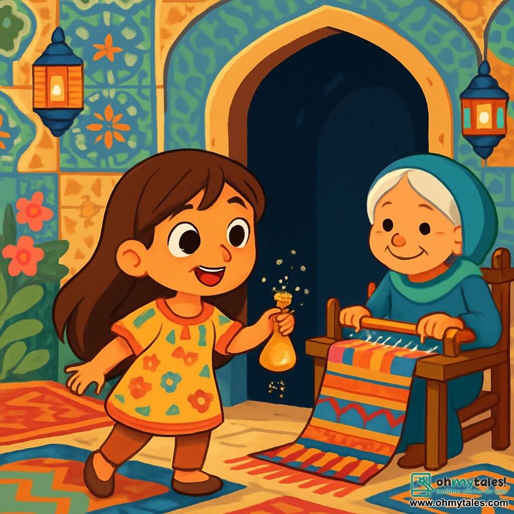 Mira, a young girl with long brown hair and sparkling curious eyes, stands in front of a dark door, her face illuminated by wonder and determination. She wears a light tunic adorned with colorful patterns and holds a small pouch of sand that sparkles in the light. Next to her, an elderly weaver with silver hair and skilled hands sits at a loom, creating carpets with shimmering designs. She smiles gently, watching Mira kindly. The setting is a magical courtyard filled with colorful carpets spread across the ground, surrounded by walls decorated with bright mosaics. Colorful glass lanterns hang, casting dancing shadows on the floor. The main scene shows Mira, full of courage, ready to open the door of shadows, while the scent of flowers and spices wafts through the air, creating an atmosphere of mystery and magic.