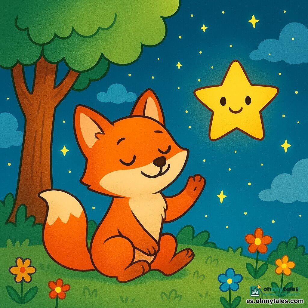 Un pequeño zorro de pelaje naranja brillante, con grandes ojos brillantes y una sonrisa serena, está sentado bajo un majestuoso árbol, con las patas levantadas hacia el cielo estrellado, expresando una profunda tranquilidad. A su lado, una dulce estrella centelleante, con un rostro amigable y ojos chispeantes, brilla intensamente, como si escuchara los pensamientos del zorro. El fondo muestra un cielo nocturno lleno de nubes esponjosas y muchas estrellas, mientras que una alfombra de flores coloridas y suave hierba verde rodea al zorro. En esta escena pacífica, el zorro respira profundamente, preparándose para sumergirse en un sueño dulce y apacible, mientras las estrellas y las nubes bailan lentamente a su alrededor.