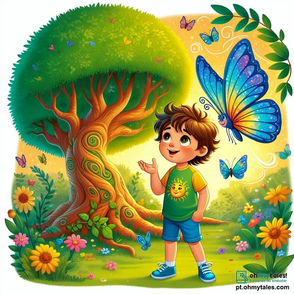 Um garoto de 6 anos, chamado Tomás, está em pé sob uma grande árvore majestosa com folhas verdes brilhantes, seus olhos brilhando de curiosidade. Ele tem cabelos castanhos bagunçados, um sorriso alegre e usa uma camiseta amarela com um desenho de sol e um short azul. Ao seu lado, uma borboleta colorida, com asas cintilantes de azul e laranja, voa ao seu redor, simbolizando a magia da amizade. O cenário é um jardim luxuriante, cheio de flores coloridas, borboletas e uma luz dourada filtrando pelas folhas da árvore. Tomás escuta atentamente a sabedoria da árvore, com um olhar maravilhado, enquanto a borboleta voa ao redor, criando uma atmosfera de descoberta e magia.
