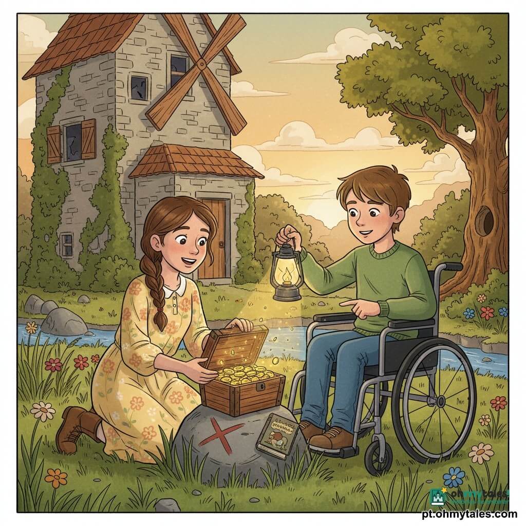 Dois crianças de cerca de 9 anos: Leonor, à esquerda, ajoelhada diante de uma pedra marcada com um X, veste um vestido amarelo claro com flores, botas de couro e trança castanha; ela levanta uma pequena caixa de madeira aberta com ar surpreso e sorridente. Lucas, à direita e um pouco atrás, usa cadeira de rodas manual com almofada azul, cabelo curto castanho, sweat verde e jeans; segura uma lanterna acesa com a mão direita e aponta a caixa com a outra, olhar de cumplicidade. Local: um velho moinho de pedra coberto de hera junto a um ribeiro, ervas altas e flores silvestres, janelas quebradas com postigos, um grande carvalho com um buraco no tronco ao fundo, céu de pôr do sol com luzes douradas. Situação: as crianças descobrem um tesouro — a caixa contém moedas de chocolate brilhantes e um pequeno livro de contos; o feixe da lanterna ilumina as moedas, há partículas de pó dourado no ar e a cena transmite uma atmosfera calorosa e aventureira, estilo colorido com contornos suaves e texturas de papel e lápis.