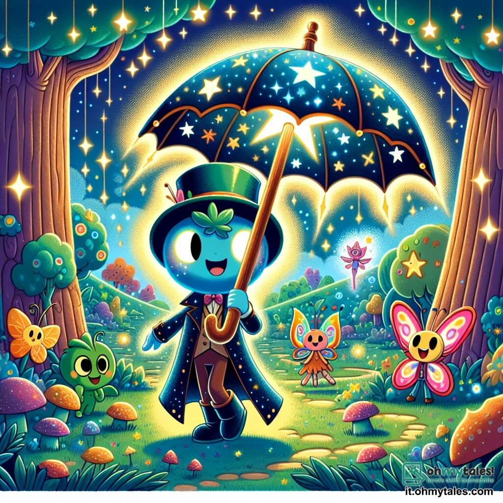 Un ombrello magico chiamato Ombro, con un manico di legno lucido e un tessuto blu stellato, si erge coraggiosamente al centro di una radura incantata, le stecche aperte, emettendo una luce scintillante. Esprime una determinazione audace, pronto a difendere i suoi amici. Accanto a lui, un piccolo folletto con ali di farfalla, capelli verdi e occhi scintillanti di malizia, danza gioiosamente, lanciando scintille colorate nell'aria. Un altro folletto, con capelli rosa e un cappello da festa, guarda Ombro con ammirazione, le braccia alzate in segno di incoraggiamento. Il luogo è un regno fatato, pieno di alberi a forma di matite giganti, fiori cantanti e un cielo splendente di colori vivaci, dove le stelle brillano come lanterne. La situazione principale mostra Ombro affrontare un'ombra minacciosa all'orizzonte, mentre i folletti, uniti dall'amicizia, lanciano idee luminose per respingere l'oscurità, creando un'atmosfera di magia e coraggio.