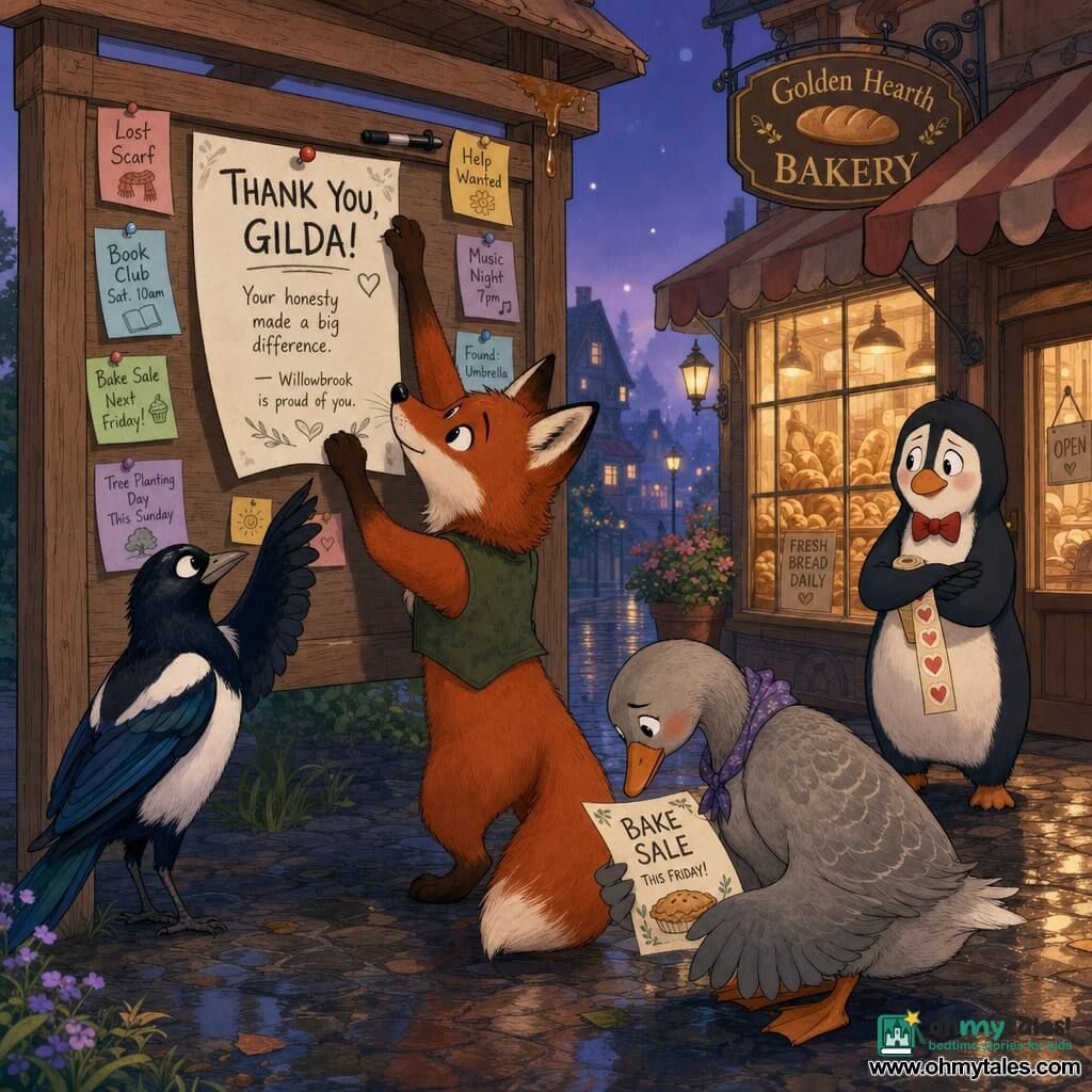 A small red fox (main character) with bright eyes and fine whiskers, calm determined expression, standing on tiptoe and delicately hanging a large glossy white poster on the village wooden noticeboard; a black-and-white magpie (Mina) perched nearby with shiny plumage, mischievous but attentive, wing raised as if supervising; a pale grey goose (Gilda) with soft plumage, contrite but relieved, crouched near the fox with wings slightly folded, looking at the poster she carefully removed; a white-bellied penguin with a red bow tie (Pip) in the background, shy posture with flippers crossed, holding a roll of labels and smiling nervously; setting: blond wooden noticeboard covered with colorful notes in front of a bakery with fogged windows, golden breads in the display, warm lamps and a wet cobbled sidewalk; moment: a quiet dusk repair as they replace an official stamped poster, orderly atmosphere, visible details include a red thumbtack and a dried syrup stain on one corner.