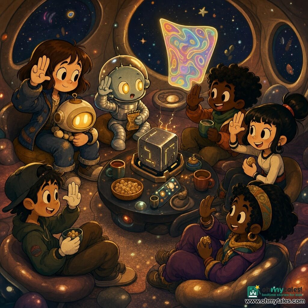 Mila, a 12-year-old girl with an expressive gentle face, wide bright eyes, a shy but brave smile, chestnut bob, worn blue jacket and jeans, offers a galactic salute (three fingers closed, thumb and little finger extended) while holding a small round lamp-robot; Tirri, a small round alien guest in a pleated silver suit with a transparent bubble helmet and glowing amber eyes, mirrors Mila’s salute and holds a small compressed-grain packet on the table; Kiko, a matte metallic luminous cube with dented edges and light lines, rests in a cradle at the center, blinking softly and emitting tiny soothing sparks; Nib, the ship’s assistant, is a floating panel with iridescent oil-like patterns and shifting colors casting warm light; the setting is the Ship-Seed interior, a round shell room with animated starry walls, smooth rubbery textured floor, low pebble-shaped seats and a dark low table with hi-tech items and a snack box; atmosphere: a cozy, intimate, friendly small party of humans and aliens sharing snacks, laughing quietly and exchanging the galactic salute.