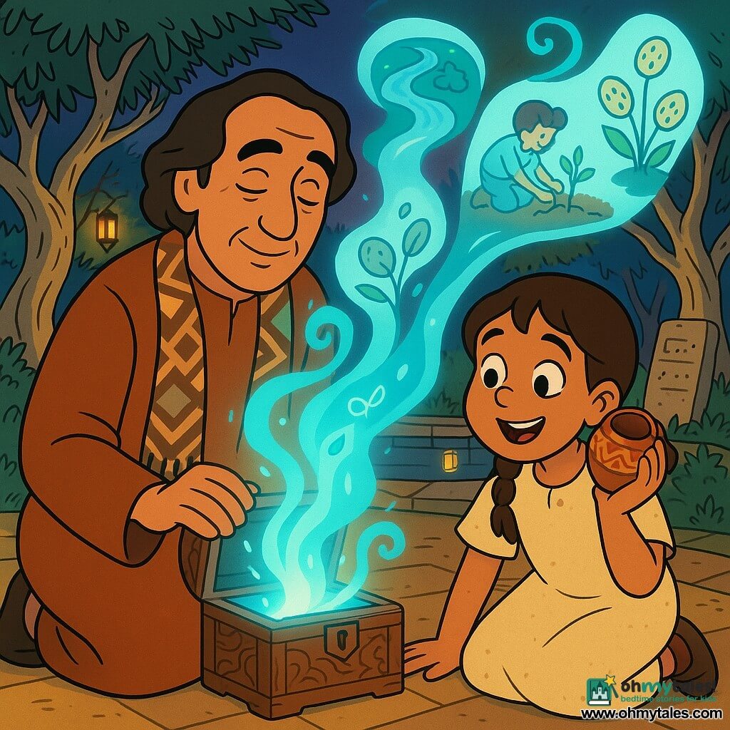 Main man: Arman, middle-aged, calm face and gentle eyes, wearing a rust-colored wool robe and geometric scarf, delicately opens a small carved wooden chest emitting a milky blue light; secondary girl: Mina, about eight, braided brown hair, wonderstruck smile, dusty cream travel dress, holding a decorated clay cup to her ear and leaning left toward the light; setting: a secret garden of silvery twisted olive trunks, warm stone paving, a mirror pool reflecting hanging lanterns and stone tablets with shifting letters; scene: a magical twilight moment as translucent blue light rises in spirals forming floating images (river, child planting a tree, seeds), warm palette of ochre, rust and cream with cyan highlights, composition centered on the glowing chest and Arman’s and Mina’s faces.