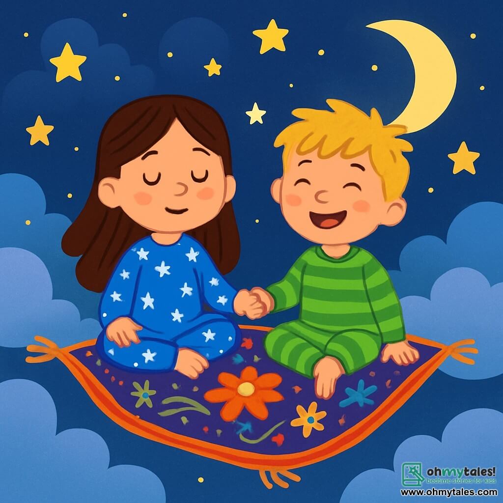 There are 2 main characters: Mia, a 7-year-old girl with long brown hair, wearing a blue pajama with white stars, sitting on a magic carpet with her eyes closed, taking deep breaths; and Jack, a 6-year-old boy with messy blonde hair, wearing green striped pajamas, sitting next to Mia, holding her hand with a big smile, also breathing calmly. The scene takes place in a starry night sky filled with soft, fluffy clouds. The stars shine like diamonds, and the moon casts a gentle, soothing light on the scene. The magic carpet they are sitting on is adorned with colorful patterns, featuring flowers and sparkling dream motifs. The main situation shows Mia and Jack peacefully floating on their magic carpet, breathing together, surrounded by the beauty of the night sky, preparing to fall asleep, rocked by a gentle night melody, with dancing stars around them.