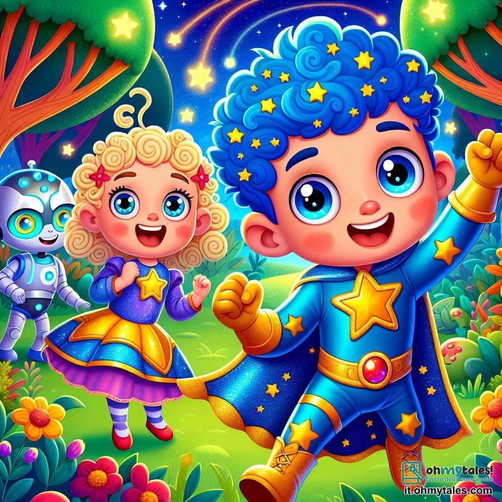Un giovane ragazzo, Turbo Fulmine, con capelli blu vivace e occhi brillanti di eccitazione, si trova al centro dell'immagine. Indossa un costume da supereroe luminoso, decorato con stelle dorate, e sfoggia un grande sorriso determinato. Accanto a lui, la sua migliore amica Stella Salterina, una ragazza dai capelli biondi ricci e dagli occhi verdi scintillanti, salta gioiosamente con le braccia alzate verso il cielo. Lo sfondo è un giardino magico, pieno di alberi dai tronchi colorati e fiori vivaci che sembrano danzare al ritmo del vento. In lontananza, un piccolo robot dagli occhi lampeggianti si nasconde dietro un cespuglio, osservando i due amici con un'espressione preoccupata. La scena principale mostra Turbo Fulmine e Stella pronti per un'avventura, mentre il robot sussurra loro un messaggio segreto su un piano malefico, creando un'atmosfera di mistero ed eccitazione.