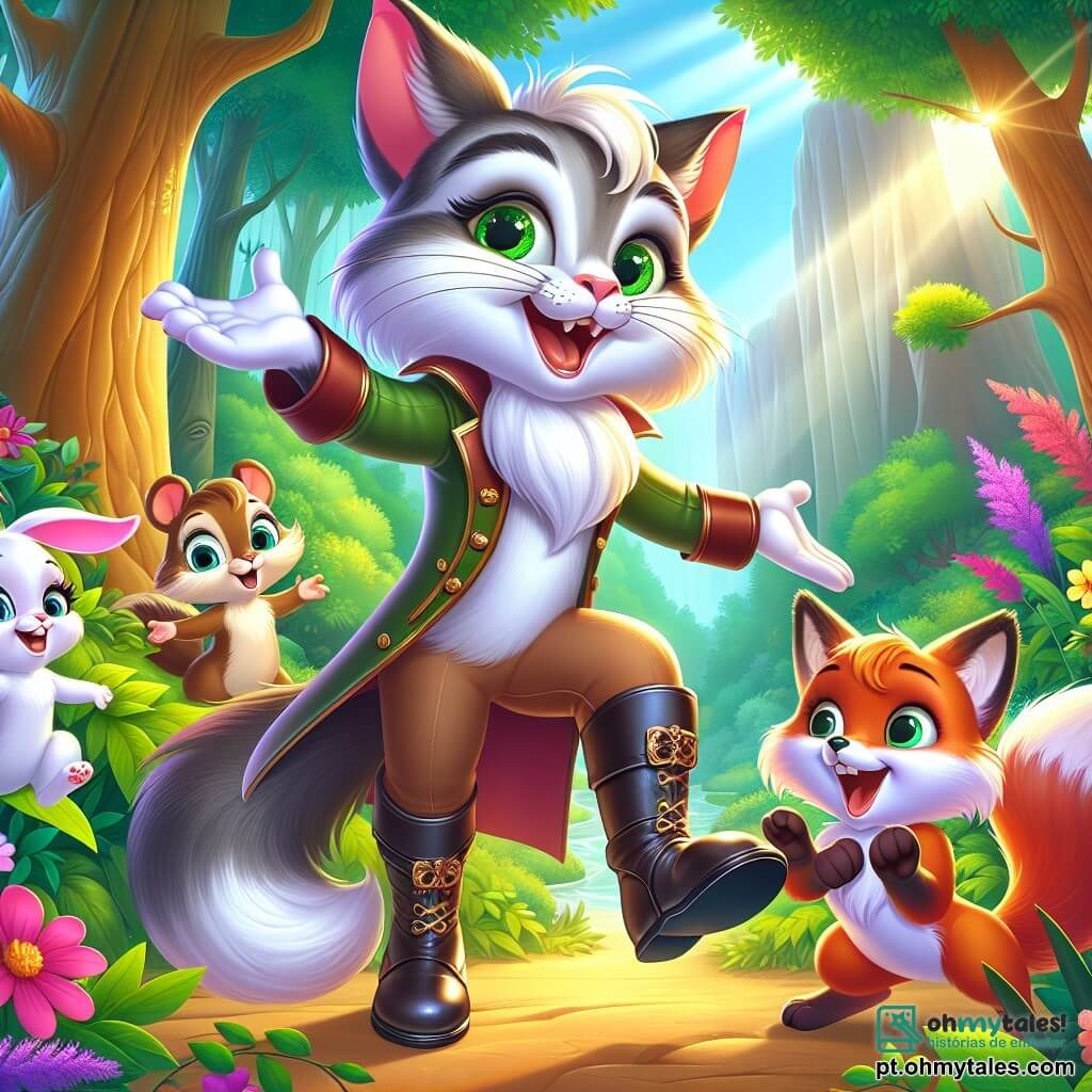 No centro da imagem, o Gato de Botas, um gato elegante com pelagem sedosa e botas de couro brilhantes, exibe um grande sorriso travesso. Seus olhos verdes brilhantes estão cheios de malícia, e ele se mantém em suas patas traseiras, gesticulando alegremente com uma pata levantada, como se estivesse incentivando seus amigos a dançar. À sua direita, um coelhinho travesso de grandes orelhas, com cerca de 5 anos, pelagem branca e manchas marrons, salta de alegria, seus olhos redondos brilhando de excitação. À sua esquerda, uma raposa astuta de cerca de 7 anos, com pelagem ruiva vibrante e uma cauda espessa, aplaude com entusiasmo, seus olhos brilhando de admiração pelo Gato de Botas. A cena acontece em uma floresta encantada, onde as árvores são altas e majestosas, suas folhas de um verde vibrante. Flores coloridas, com pétalas rosas, amarelas e roxas, espalham-se pelo chão, enquanto raios de sol atravessam a folhagem, iluminando a paisagem com uma suave luz dourada. A situação principal mostra o Gato de Botas e seus amigos preparando uma grande festa na floresta, plantando flores e árvores enquanto riem e dançam, criando uma atmosfera de alegria e camaradagem.