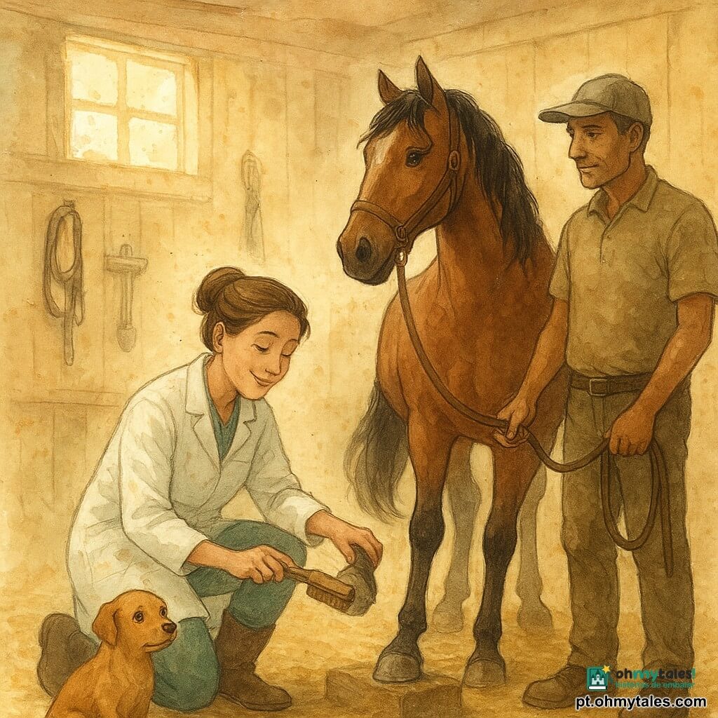Uma veterinária sorridente e delicada, cabelos castanhos presos em coque, bata branca com bolsos sujos de terra clara, agachada limpando e examinando o casco de uma grande égua. Ao lado, o palefreneiro de cerca de 40 anos, pele bronzeada e boné de tecido, segura a corda da égua, olhar atento. Perto das botas da veterinária, um pequeno cão ansioso chamado Tico, pelagem caramelo, rabo baixo e olhar curioso. A égua Sultana, majestosa, pelagem baia brilhante e crina ondulada, está calma sobre piso de palha, um casco apoiado em um bloco de madeira. Interior de cocheira claro e acolhedor: paredes de madeira clara, raios de sol entrando por janelas empoeiradas, ferramentas de cuidado penduradas (escova, lima, cabresto), cheiro de feno. Cena de cuidado atento e terno, gesto preciso na limpeza do casco, tons suaves de marrom, verde sálvia e ocre, leves respingos aquarelados sugerindo movimento e calor.