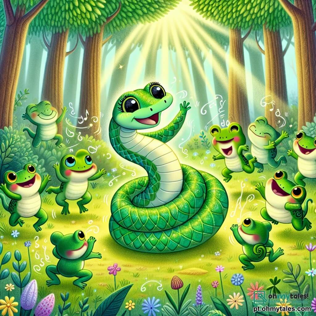 Silvestre, uma pequena cobra verde com escamas brilhantes e olhos curiosos, dança alegremente em uma clareira ensolarada, com um grande sorriso no rosto. Ele se contorce de maneira divertida, atraindo a atenção dos outros animais. Ao seu redor, um grupo de sapos coloridos, com peles verdes e amarelas, pula e aplaude, seus rostos radiantes de felicidade. Um dos sapos, Zé Sapinho, é especialmente grande e animado, pronto para pular com Silvestre. A cena ocorre em uma floresta encantada, com grandes árvores de troncos grossos e folhas formando um teto verde. Flores multicoloridas cobrem o chão e uma luz suave filtra através dos galhos, criando uma atmosfera mágica. Silvestre e os sapos celebram juntos uma festa cheia de risos e música, dançando ao redor de uma panela brilhante, enquanto vaga-lumes iluminam a cena com sua luz suave.