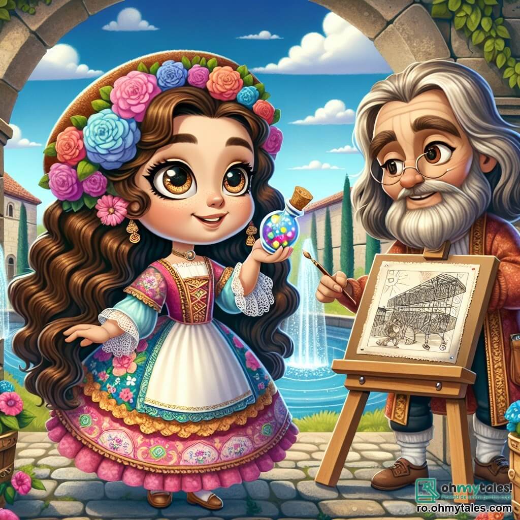 Maria, o tânără vrăjitoare, se află în centrul imaginii, cu părul lung, ondulat și ochi strălucitori de curiozitate. Poartă o rochie colorată, decorată cu motive florale și ține în mână un mic flacon de poțiune sclipitoare, având o expresie de uimire și excitație. Lângă ea se află Leonardo, un bărbat de aproximativ 60 de ani, cu o barbă lungă și argintie și ochi înțelepți. El se apleacă asupra unui suport de pictură, schițând desene de mașini zburătoare, zâmbind călduros către Maria. Decorul este o curte magnifică a unui castel din Renaisanță, cu pereți de piatră acoperiți de iederă, fântâni care țâșnesc și flori strălucitoare. Cerul este de un albastru profund, presărat cu nori albi pufoși. Situația principală o arată pe Maria descoperind magia noului său univers, pregătită să experimenteze cu poțiunea ei, inspirată de ingeniozitatea lui Leonardo, într-o atmosferă de creativitate și aventură.