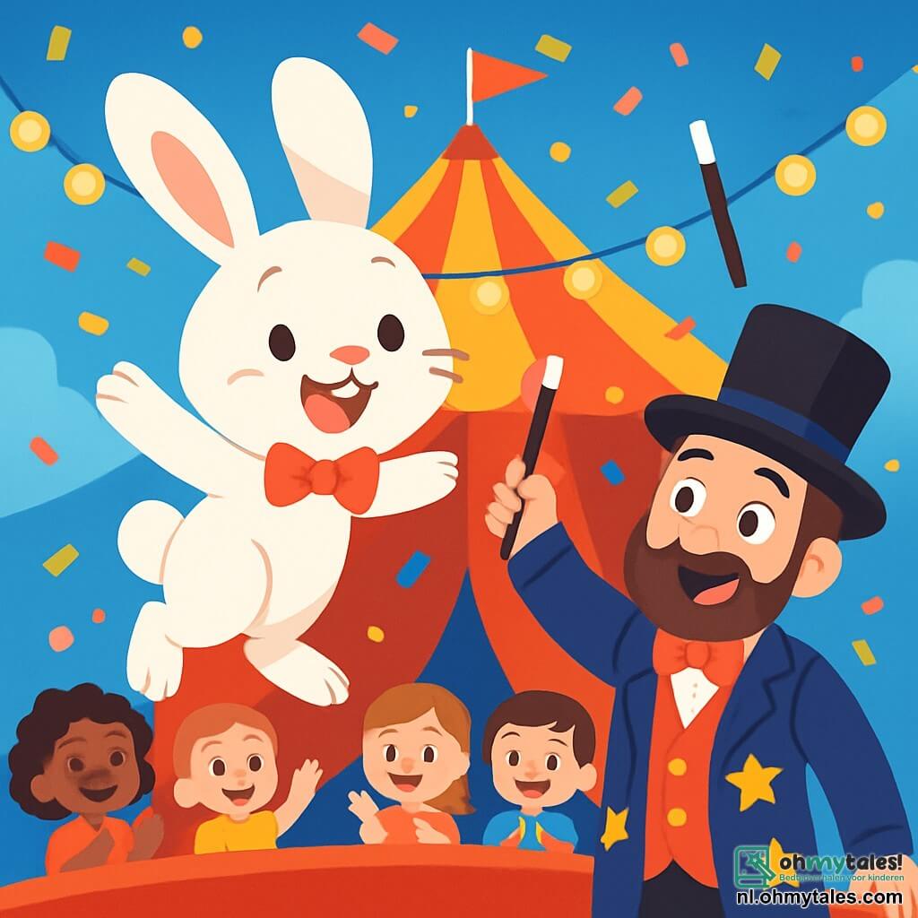Een klein wit konijntje genaamd Benny, met grote oren en sprankelende ogen van vreugde, springt enthousiast in het midden van een circus scène. Zijn vacht is zacht en zijdezacht, en hij draagt een klein rood strikje dat charme toevoegt. Naast hem staat een baardige goochelaar in een kleurrijk kostuum met fonkelende sterren, die trots glimlacht terwijl hij zijn toverstok omhoog houdt, klaar om hem te helpen. Op de achtergrond staat een grote gestreepte circus tent in rood en geel onder een blauwe lucht, omringd door fonkelende lichten en een verwonderd publiek dat applaudisseert met blije gezichten. Benny maakt een sprongetje in de lucht, terwijl kleurrijke confetti om hem heen valt, wat een feestelijke en betoverende sfeer creëert.