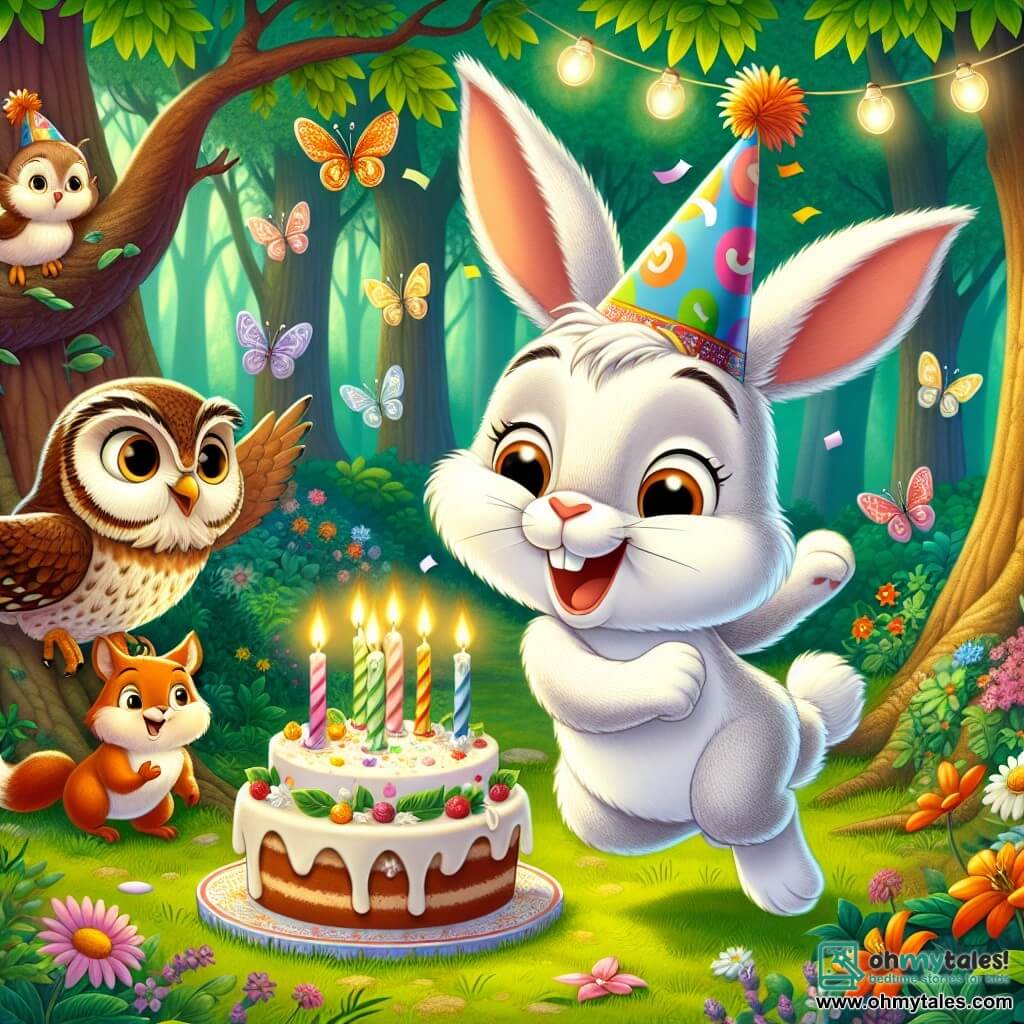 In the center of the image, Benny, an adorable little rabbit with big ears and fluffy white fur, jumps for joy with a big smile on his face, his eyes sparkling with happiness. He wears a colorful party hat and holds a birthday cake decorated with sparkling candles. To his right, Lola, a wise owl with brown feathers and large round eyes, perches on a branch, observing with a kind smile, her wings slightly spread as if ready to fly. On the left, Tilly, a mischievous squirrel with red fur and a bushy tail, dances enthusiastically, her little paws raised in the air, full of energy and joy. The setting is an enchanted glade surrounded by majestic trees with bright green leaves, where colorful flowers and butterflies flutter around, creating a festive and magical atmosphere. The scene depicts Benny celebrating his birthday with his friends, enjoying cake, laughter, and dancing, while shimmering lights float in the air, adding a touch of magic to this special moment.
