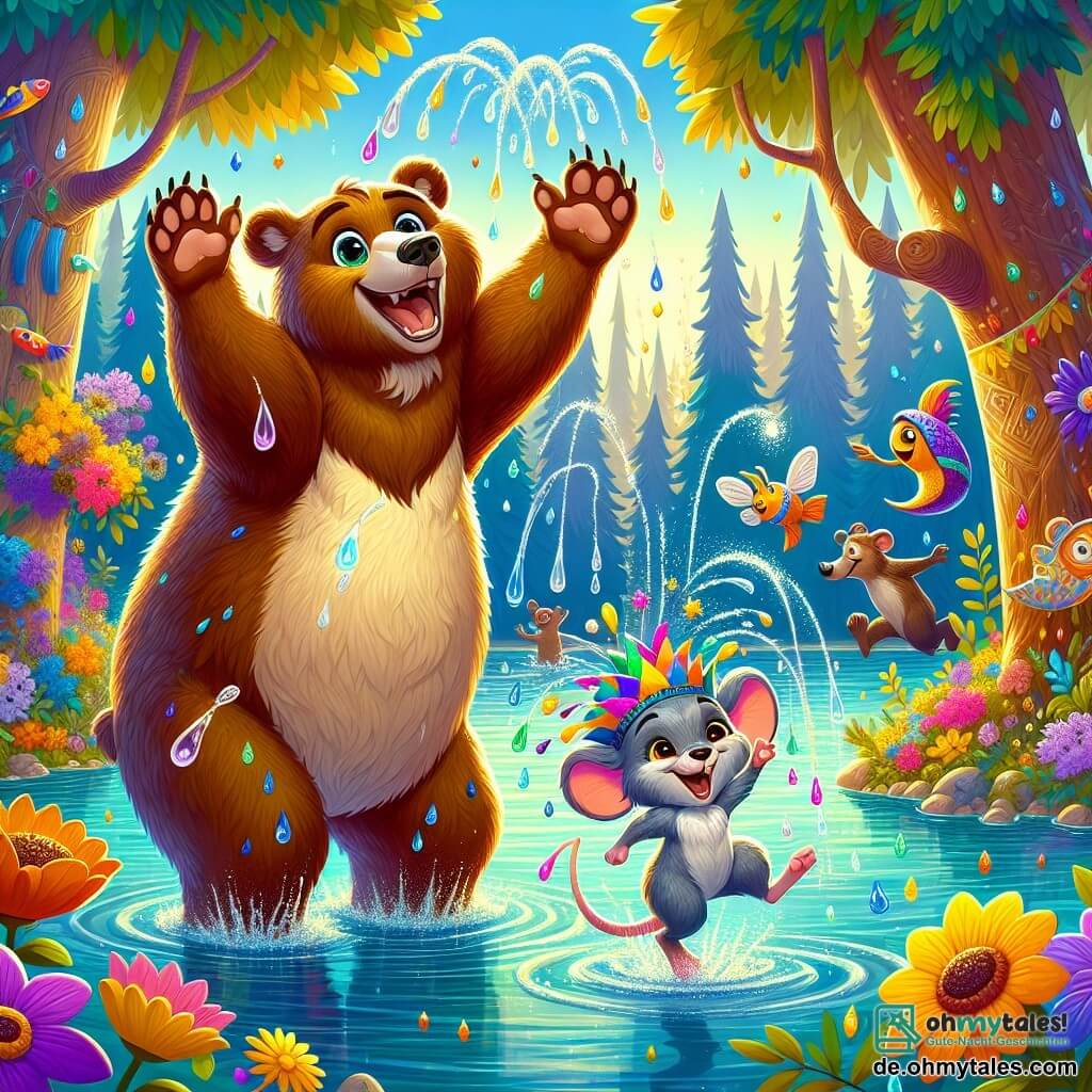 Bruno, ein großer brauner Bär mit funkelnden Augen und einem fröhlichen Lächeln, steht am Ufer eines wunderschönen glitzernden Sees, mit erhobenen Pfoten, bereit ins Wasser zu springen. Er sieht sowohl aufgeregt als auch ein wenig nervös aus, mit Wassertropfen, die auf seinem Fell glänzen. Neben ihm springt Maja, eine kleine Maus mit großen Ohren und grauem Fell, vor Freude in die Luft, die Arme erhoben und mit einem breiten Lächeln im Gesicht. Sie trägt einen kleinen bunten Hut, der im Wind weht. Im Hintergrund wird der See von bunten Blumen und großen Bäumen mit schimmernden Blättern umgeben, während fantastische Kreaturen wie fliegende Fische und tanzende Bäume der Szene einen Hauch von Magie verleihen. Die Hauptsituation zeigt Bruno und Maja, die sich auf ein Wettschwimmen mit schelmischen Wassergeistern vorbereiten, die im See lachen und spielen und funkelnde Wasserspritzer um sie herum erzeugen.