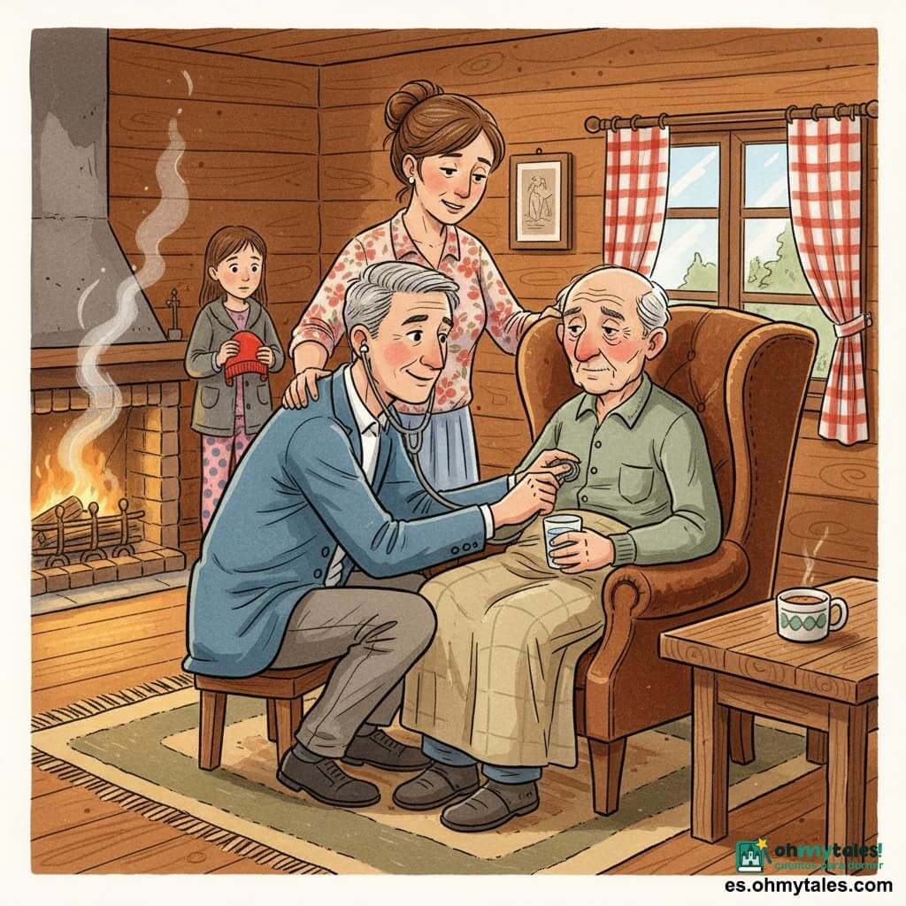 Un médico de unos cincuenta años, rostro amable, pelo corto entrecano, sonrisa suave y mirada atenta, con chaqueta azul y estetoscopio plateado, agachado junto a un sillón de madera escuchando el pecho del paciente. Un anciano de 78 años, piel arrugada y mejillas sonrosadas, pelo blanco fino, semblante cansado pero sereno, sentado en un gran sillón de terciopelo marrón con una manta beige hasta el pecho, sosteniendo un vaso pequeño de agua en la mano derecha. Una mujer adulta (Clara), unos 40 años, pelo castaño recogido, blusa de flores, detrás del sillón a la izquierda del médico con las manos en el respaldo, expresión aliviada y preocupada. Una niña (Alba) de 8 años, junto a la ventana en pijama y abrigo, con un gorro rojo en las manos, observando con curiosidad. Interior de cabaña de madera, chimenea con humo tenue, mesa con taza de sopa, luces doradas y cortinas a cuadros rojos y blancos; ambiente tranquilo y reconfortante, composición centrada en el médico, el paciente y la mujer para transmitir cuidado y cercanía.