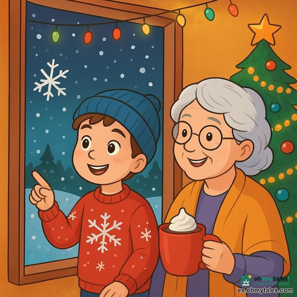 Un niño de 8 años, Lucas, con cabello castaño y mejillas sonrosadas, mira por la ventana con ojos llenos de asombro. Lleva un suéter rojo con motivos de copos de nieve y un gorro de lana azul que parece un poco grande para él. A su lado, su abuela, una mujer mayor con cabello plateado y gafas redondas, sonríe tiernamente sosteniendo una taza de chocolate caliente, con ojos brillantes de calidez y dulzura. La escena tiene lugar en una sala acogedora, decorada con guirnaldas luminosas y un gran árbol de Navidad adornado con bolas coloridas y guirnaldas doradas. La nieve cae suavemente afuera, cubriendo el jardín con un manto blanco brillante. Lucas, maravillado, señala un copo de nieve que se ha posado en el cristal, mientras su abuela le cuenta una historia mágica de Navidad, llena de risas y recuerdos cálidos.