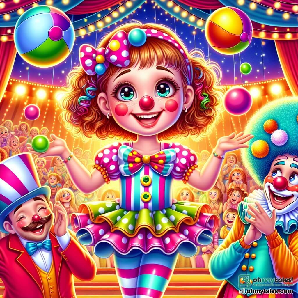 Een 10-jarig meisje met grote glanzende ogen en krullend haar draagt een kleurrijk clownkostuum met stippen en strepen. Ze glimlacht enthousiast terwijl ze met drie gekleurde ballen jongleert, met rode geschminkte wangen en een grote plastic neus. Naast haar moedigt een jongleur van ongeveer dertig jaar met een grote snor en een felrode outfit haar aan met een warme glimlach, terwijl hij een bal in de lucht houdt. Op de achtergrond lacht een vrolijke clown van ongeveer 25 jaar met een krullend pruik en een wit geschminkt gezicht, terwijl hij een enorme slagroomtaart vasthoudt. De scène speelt zich af onder een kleurrijke circustent met fonkelende lichten en een verwonderd publiek dat applaudisseert. De hoofdactie toont het meisje dat met de ballen jongleert, omringd door gelach en applaus, en vangt de vrolijke en magische geest van het circus.