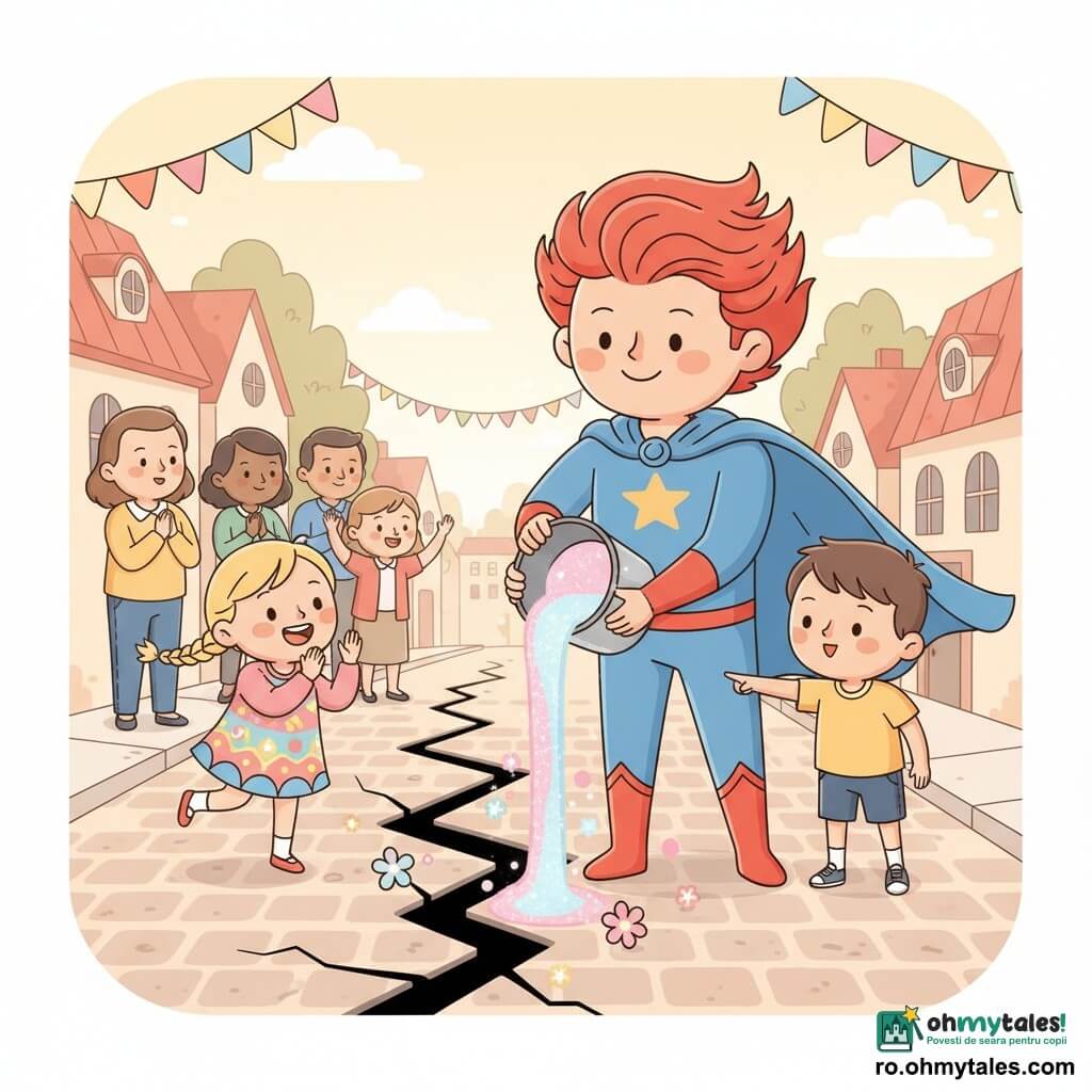 Un supererou înalt și zâmbitor, cu păr roșu aprins și pelerină albastră, toarnă dintr-un găleată o pastă magică strălucitoare într-o fisură lungă și neagră care începe să se închidă, cu scântei blânde și mici flori luminoase; un băiat de ~7 ani, cu păr castaniu scurt, stă la dreapta lui și arată spre fisură uimit, o fetiță de ~6 ani, cu codiță blondă, aplaudă vesel la stânga, iar câțiva adulți în fundal privesc ușurați dintr-o stradă pietruită a unui sat luminos cu case joase cu acoperișuri roșii și ghirlande colorate, lumină caldă de sfârșit de după-amiază.