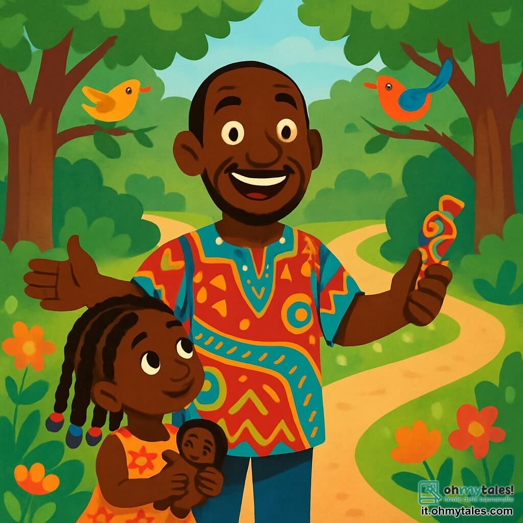 Kofi è un uomo di circa quarant'anni, con un grande sorriso caloroso e occhi scintillanti di curiosità. Indossa una tunica colorata decorata con motivi africani e tiene in mano un fischietto magico. Si trova in mezzo a un sentiero di terra battuta, con le braccia aperte, come se stesse accogliendo il mondo con gioia. Accanto a lui, una bambina di sei anni, con trecce decorate con perline colorate, osserva con meraviglia. Indossa un vestito di tessuto leggero con motivi floreali e tiene una piccola bambola di stoffa. Il paesaggio è una foresta lussureggiante, con grandi alberi dai tronchi spessi e foglie verdi brillanti. Fiori colorati punteggiano il terreno e uccelli dai piumaggi vivaci cantano tra i rami. Kofi si trova a un incrocio, guardando i tre sentieri che si estendono davanti a lui, ognuno circondato da misteri e colori vivaci, pronto a scegliere la sua prossima avventura.