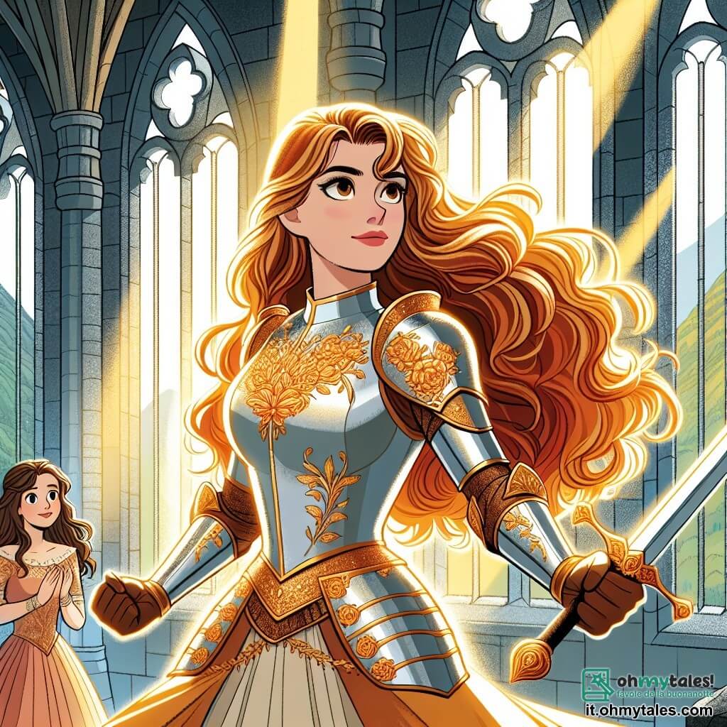 Una coraggiosa cavaliere, Sir Rowena, si erge fiera al centro della scena. È una donna di circa trent'anni, con lunghi capelli ondulati, brillanti come l'oro sotto il sole. La sua armatura scintillante, decorata con motivi floreali, riflette la luce, mentre un'espressione determinata illumina il suo volto. Brandisce una spada scintillante, pronta ad affrontare le sfide che l'attendono. Accanto a lei, la principessa Elyana, una giovane donna di circa 20 anni, con capelli castani e occhi pieni di speranza, è liberata dalle sue catene. Indossa un abito semplice ma elegante, e il suo viso esprime profonda gratitudine verso Rowena. Lo sfondo è un antico castello con muri di pietra grigia, invasi dalla vegetazione. Grandi finestre gotiche lasciano filtrare raggi di luce dorata, illuminando la sala. La scena principale mostra Rowena, in una postura eroica, mentre libera la principessa Elyana, con una luce splendente che emana dalla loro unione, simboleggiando speranza e coraggio.