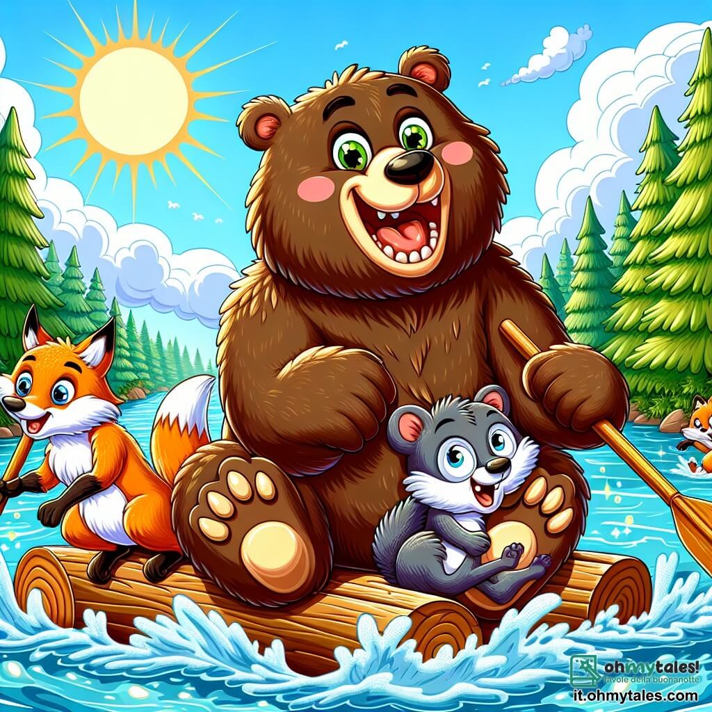 Un grande orso bruno, con un pelo spesso e setoso, si trova al centro dell'immagine, con un sorriso gioioso e occhi scintillanti di eccitazione. Sta remando su una zattera fatta di tronchi d'albero, circondato da acqua scintillante. Alla sua destra, una volpe astuta con un pelo vivace e occhi maliziosi scoppia a ridere, le zampe in aria, pronta a tuffarsi in acqua. A sinistra, un piccolo riccio paffuto, con le spine ben in ordine, sembra sorpreso e un po' preoccupato, tenendosi saldamente alla zattera per non cadere. Sullo sfondo, un lago tranquillo è circondato da alberi verdi lussureggianti, e il cielo è di un blu brillante, punteggiato da nuvole bianche e soffici. La scena mostra l'orso e i suoi amici in piena avventura, ridendo e divertendosi, mentre la zattera oscilla pericolosamente, pronta a capovolgersi sotto il peso della loro gioia.