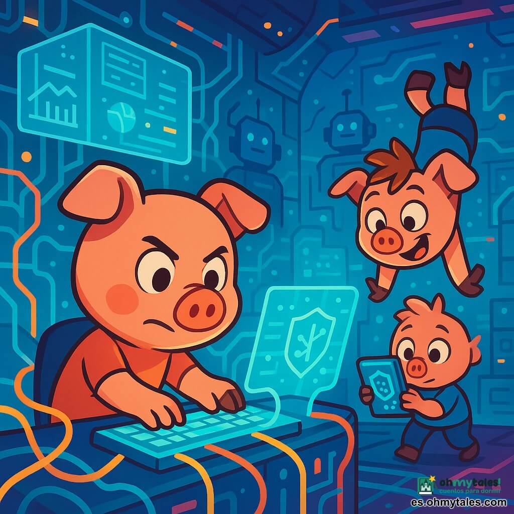 En un rincón animado de Robópolis, Pablito, un pequeño cerdito rosa con ojos brillantes y orejas redondas, muestra una expresión decidida y valiente. Está sentado frente a una pantalla holográfica, tecleando rápidamente en un teclado futurista, rodeado de cables luminosos. A su lado, Carlitos, otro cerdito con un mechón de pelo desordenado y una sonrisa traviesa, realiza acrobacias para distraer a los robots de seguridad, con sus patas ágiles en el aire. Luisito, el tercer cerdito, está al fondo, concentrado en un dispositivo antivirus que sostiene entre sus patas, con los ojos brillantes de concentración. El escenario es una sala de control futurista, llena de luces intermitentes, paneles de vidrio transparente y circuitos coloridos que se entrelazan como raíces de árboles. Hologramas flotan a su alrededor, mostrando datos complejos e imágenes de la ciudad. La situación principal muestra a los tres cerditos en plena acción, unidos en su misión de salvar Robópolis de un virus maligno, ilustrando el espíritu de equipo y el coraje frente a la adversidad.