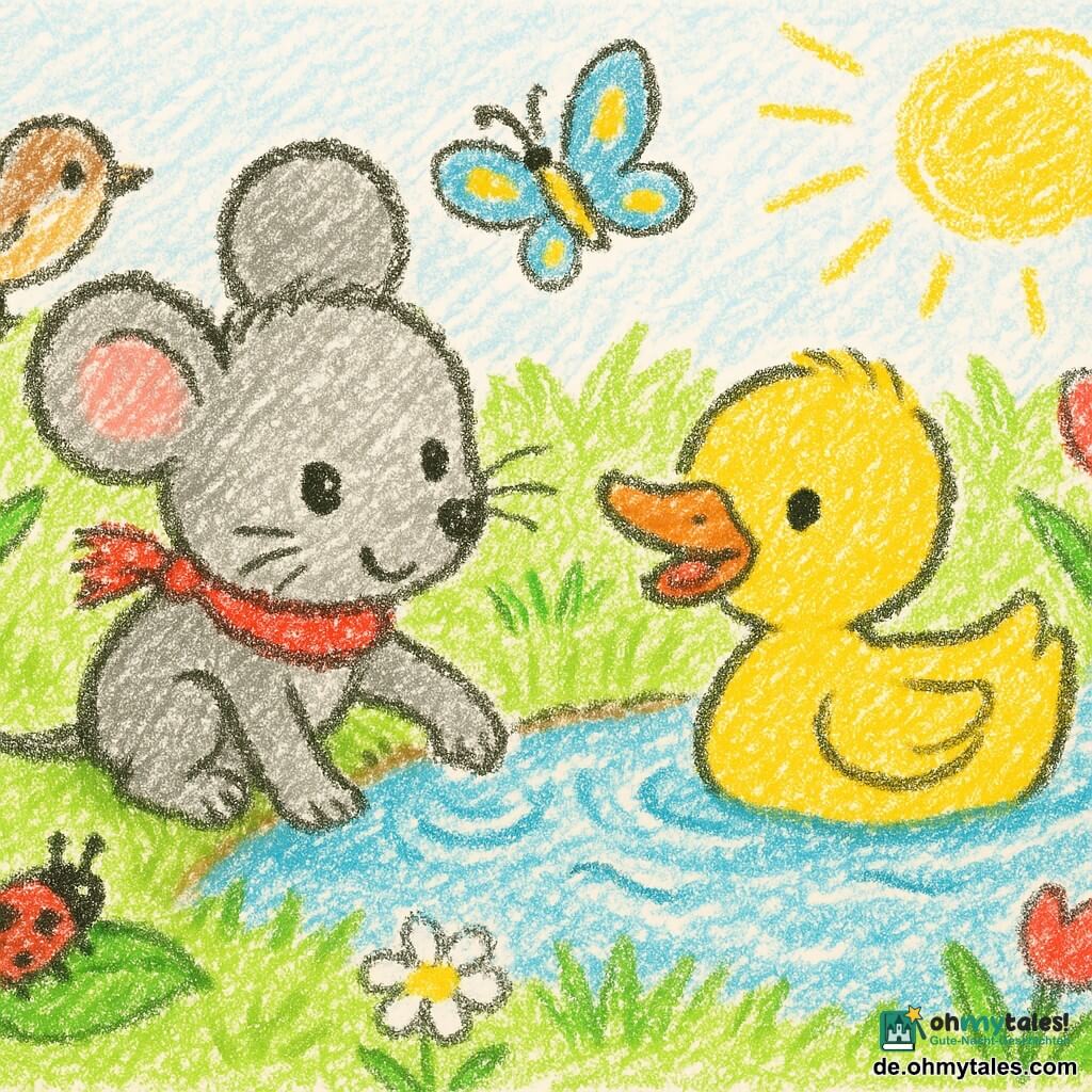 Mila, eine kleine graue Maus, fröhlich und neugierig mit schwarzen Augen und Schnurrhaaren, trägt einen roten Schal und hat eine Pfote im Bach; Emma, eine gelbe Ente mit orangefarbenem Schnabel, schwimmt rechts nahe bei ihr; ein blau-gelber Schmetterling fliegt über Mila, links auf dem Gras hüpft ein lebhafter brauner Spatz, im Vordergrund klettert ein roter Marienkäfer mit schwarzen Punkten auf ein Blatt; Schauplatz: Frühlingswiese mit zartgrünem Gras, bunten Blumen (Gänseblümchen, Tulpen), einem glitzernden Bach und blauem Himmel mit warmen Sonnenstrahlen; Stimmung: friedlicher Frühlingsmoment mit freundlichen Interaktionen und leuchtenden Farben im einfachen Buntstift-Kinderzeichenstil.