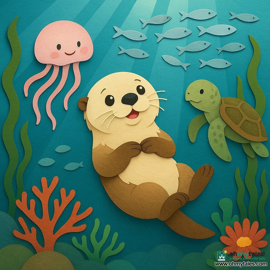 A young sea otter (main character) with cream-and-brown fluffy fur, bright round eyes and delicate whiskers, joyful and focused, floats peacefully on its back with crossed paws, gazing up at the seascape; a friendly translucent pink jellyfish, Luna, with ribbon-like tentacles and a gentle encouraging expression, pulses nearby; a wise old sea turtle, Maren, with a rough green-and-brown patterned shell, calm and watchful, drifts slightly behind as a silent mentor; a swarm of silvery sardines forms a swirling school around them, suggesting collective support; the scene is a bright underwater setting with sunbeams through turquoise water, green kelp forests, colorful anemones and layered paper-cut corals; main situation: the otter is learning to float without touching anything, a moment of calm cooperation, centered composition, vivid colors and visible paper-cut textures.