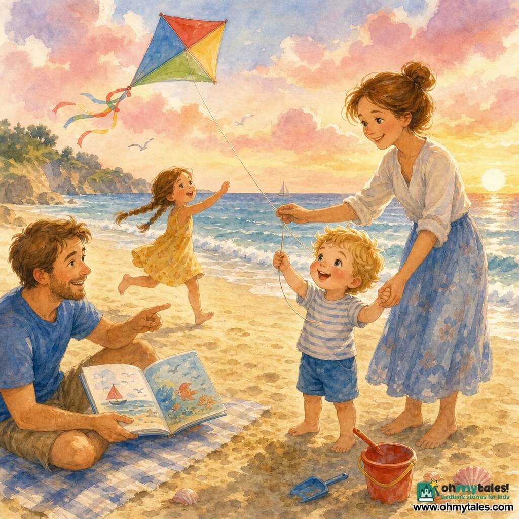 A 2-year-old boy with a round face, rosy cheeks and wispy blond hair, smiling and curious, holds a small red shovel and tries to fly a kite while his mother (about 30, fair-skinned, chestnut hair in a bun) gently holds his hand and helps with the kite string to his right; a father (about 32, light beard, blue T-shirt) sits slightly back on a striped blanket, opening an illustrated book and showing a page to the boy; a local girl (~6, brown braided hair, yellow dress) runs ahead holding the kite, lifting it energetically; golden sandy beach with small footprints, gentle blue-and-white waves, a few pink shells and a bucket by the boy, and a clear sky with pink sunset clouds; tender late-afternoon pastel watercolor atmosphere with light controlled splashes around the waves and sky.