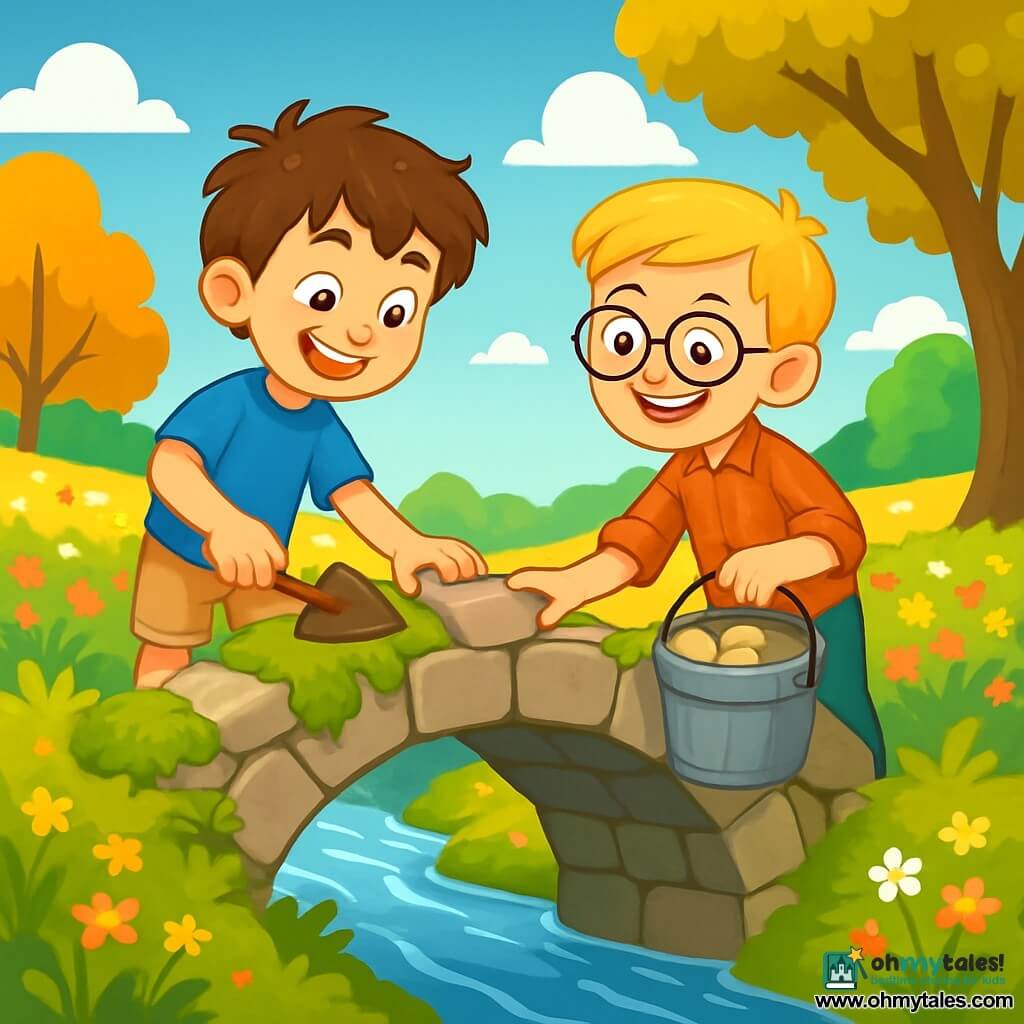 There are two main characters: - Oliver: a 10-year-old boy with messy brown hair and sparkling curious eyes. He wears a blue t-shirt and beige shorts, and he holds a small wooden shovel in his hands. - Leo: a 10-year-old boy with blonde hair and round glasses that give him a smart look. He is dressed in a red plaid shirt and green pants, and he holds a bucket filled with stones. The main setting of this story is an old stone bridge covered in green moss and small wildflowers. The bridge spans a shimmering stream, surrounded by fields of colorful flowers and tall trees with golden leaves. The sky is bright blue, dotted with fluffy white clouds. The main situation shows Oliver and Leo repairing the old bridge, smiling as they work together, placing stones and removing moss, while sharing laughter and encouragement. Their eyes shine with excitement as they know they are bringing this magical bridge back to life.