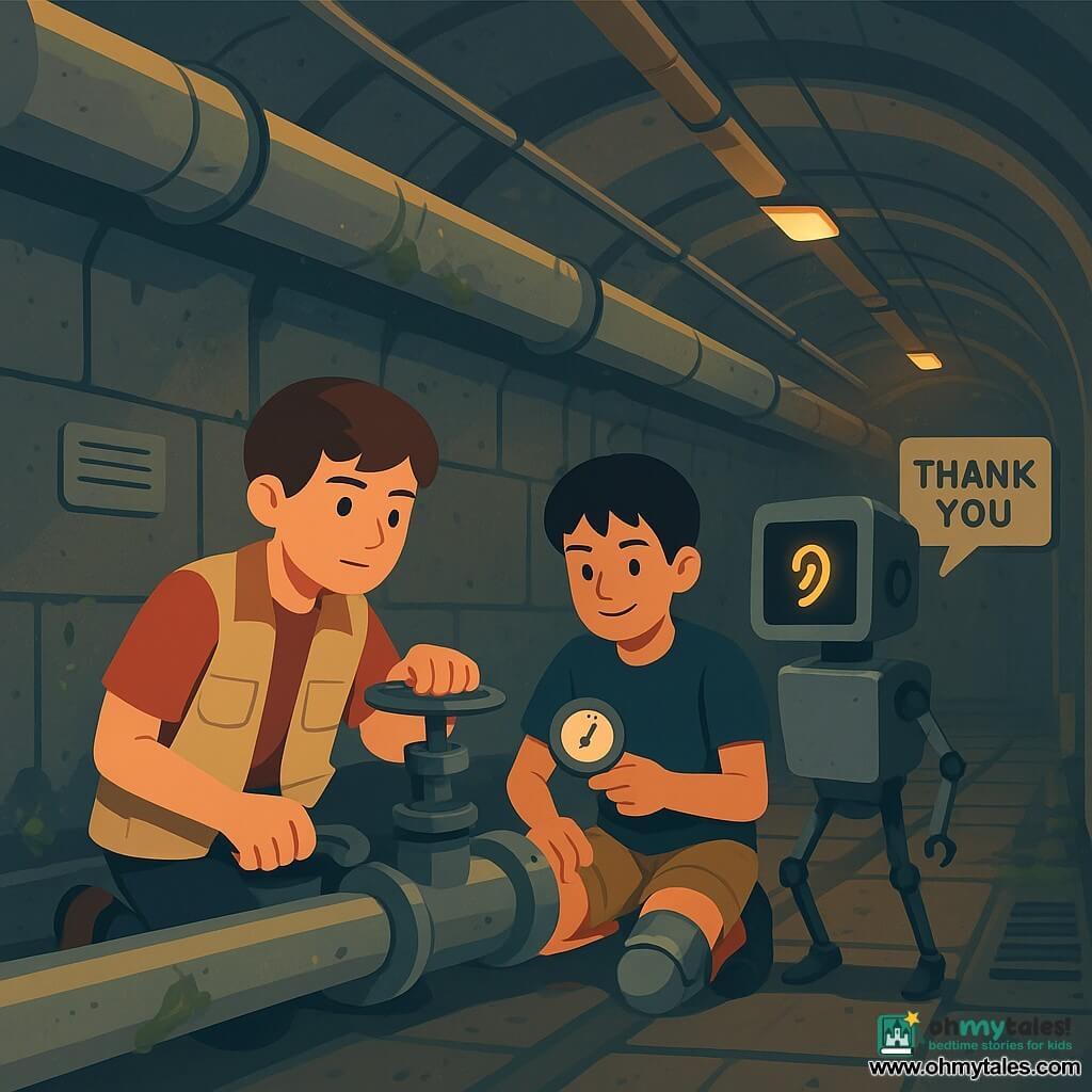 Three characters: Milo, a boy about 11 with short brown hair wearing an oversized work vest with pockets, crouched center-left near a pipe holding a clamp and looking calmly forward; Kenji, a boy about 11 with black hair, wearing a metal leg brace that clicks softly, smirking and reading a gauge, positioned to Milo’s right slightly back with hands near the pipe; Echo, a maintenance robot, non-human, matte patched gray body, square screen showing a glowing ear symbol, three thin legs and a small arm reaching for a valve, standing just in front of Milo near the intervention point with its screen facing the children. Setting: an underground futuristic city service tunnel with textured damp concrete walls, silver pipes and luminous ducts along the ceiling, bright droplets and green moss at the joints, warm amber light from recessed LED strips, worn tile floor with trolley rails. Main situation: the two boys and the robot calmly but tensely work together to stop an illegal siphon on a nutrient distribution pipe; tools are visible, a small commercial label stuck on a gray machine, and a child-height metal plate engraved “THANK YOU” fixed to the wall.