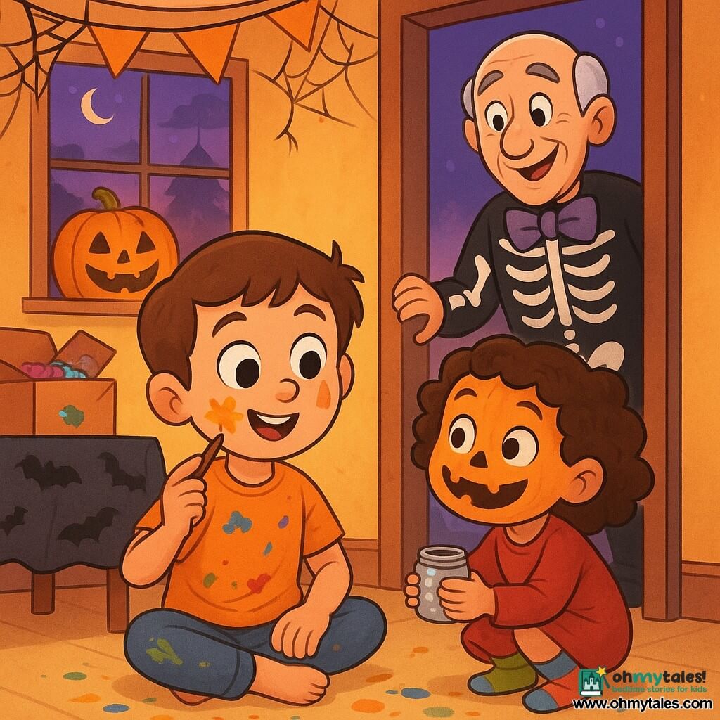 A joyful, focused 6-year-old boy with big brown eyes and short chestnut hair paints a large golden star on his left cheek while sitting cross-legged on the floor in a paint‑stained orange t‑shirt holding a small brush; his playful, laughing 3-year-old sister with curly hair and mismatched socks crouches nearby showing a small jar of silver paint she’s hiding under the table, her face painted like a pumpkin; an amused 60‑year‑old neighbor in a skeleton suit with a large bow tie stands in the doorway smiling with a hand on the handle; the living room is decorated for Halloween—fake cobweb garlands, a smiling pumpkin on the windowsill, an open costume box spilling glitter, a bat‑patterned tablecloth, warm orange light and a purple sky outside—capturing a peaceful Halloween face‑painting moment with bright colors on the floor, shared laughter, and the joyful discovery of the hidden silver paint.