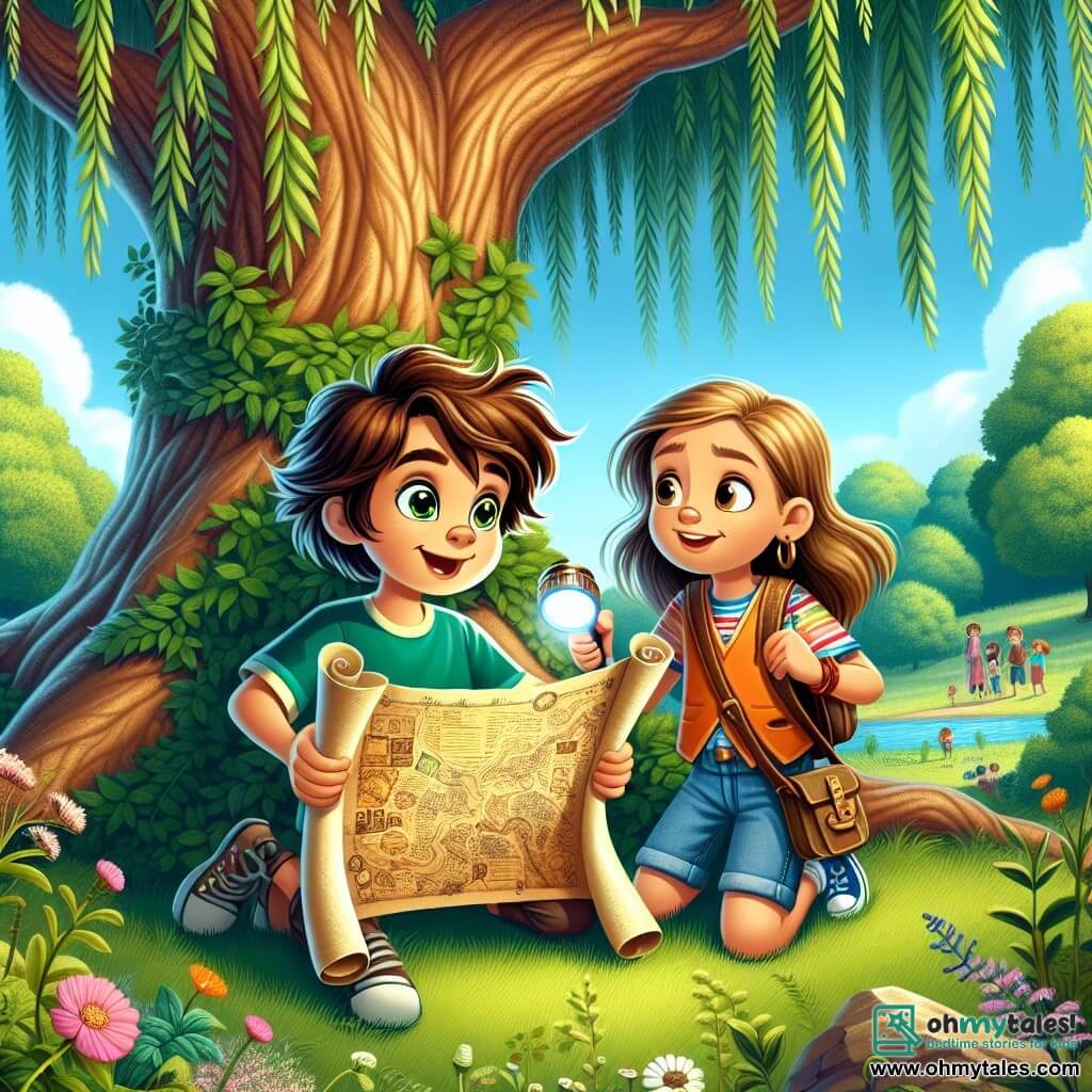 A 12-year-old boy, Eli, with messy brown hair and sparkling curious eyes, is crouched by the roots of a large weeping willow. His face is lit up with excitement and wonder as he holds an ancient map scroll in his hands, carefully examining the details. Next to him is his best friend Mia, a 12-year-old girl with long blonde hair, wearing a colorful t-shirt and denim shorts. She looks at Eli with an encouraging smile, holding a flashlight that illuminates the map. The setting is a green park with a large weeping willow surrounded by wildflowers and lush grass. In the background, a clear blue sky is dotted with fluffy white clouds. The main scene shows Eli and Mia on a quest for hidden treasure, eagerly exploring the secrets the willow might reveal, while sunlight filters through the leaves, creating a magical and mysterious atmosphere.