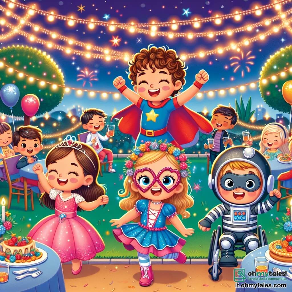 In un parco festivo illuminato da luci scintillanti, quattro bambini si preparano a festeggiare il Capodanno. Matteo, un ragazzo di dieci anni con i capelli ricci e un sorriso luminoso, è al centro, vestito da supereroe rosso e blu, alzando le braccia con entusiasmo. Alla sua sinistra, Sara, una ragazza di nove anni con occhiali a forma di cuore e capelli biondi, balla felicemente in un vestito da principessa rosa. A destra, Giulia, una ragazza di dieci anni con i capelli castani legati in coda di cavallo, è travestita da pirata con una fascia nera, ridendo mentre tiene un piatto di dodici chicchi d'uva. Infine, Luca, un ragazzo di dieci anni in sedia a rotelle, è vestito da astronauta con un casco argentato, sorridente e pronto a unirsi alla festa. Il parco è decorato con luci colorate e palloni, con tavoli pieni di deliziose merende come pizzette e panettoni. In lontananza, i fuochi d'artificio iniziano a esplodere nel cielo stellato, illuminando la scena di magia festiva. I bambini si preparano a partecipare a una corsa per mangiare dodici chicchi d'uva a mezzanotte, ballando e ridendo insieme, creando un'atmosfera gioiosa e piena di energia per accogliere il nuovo anno.