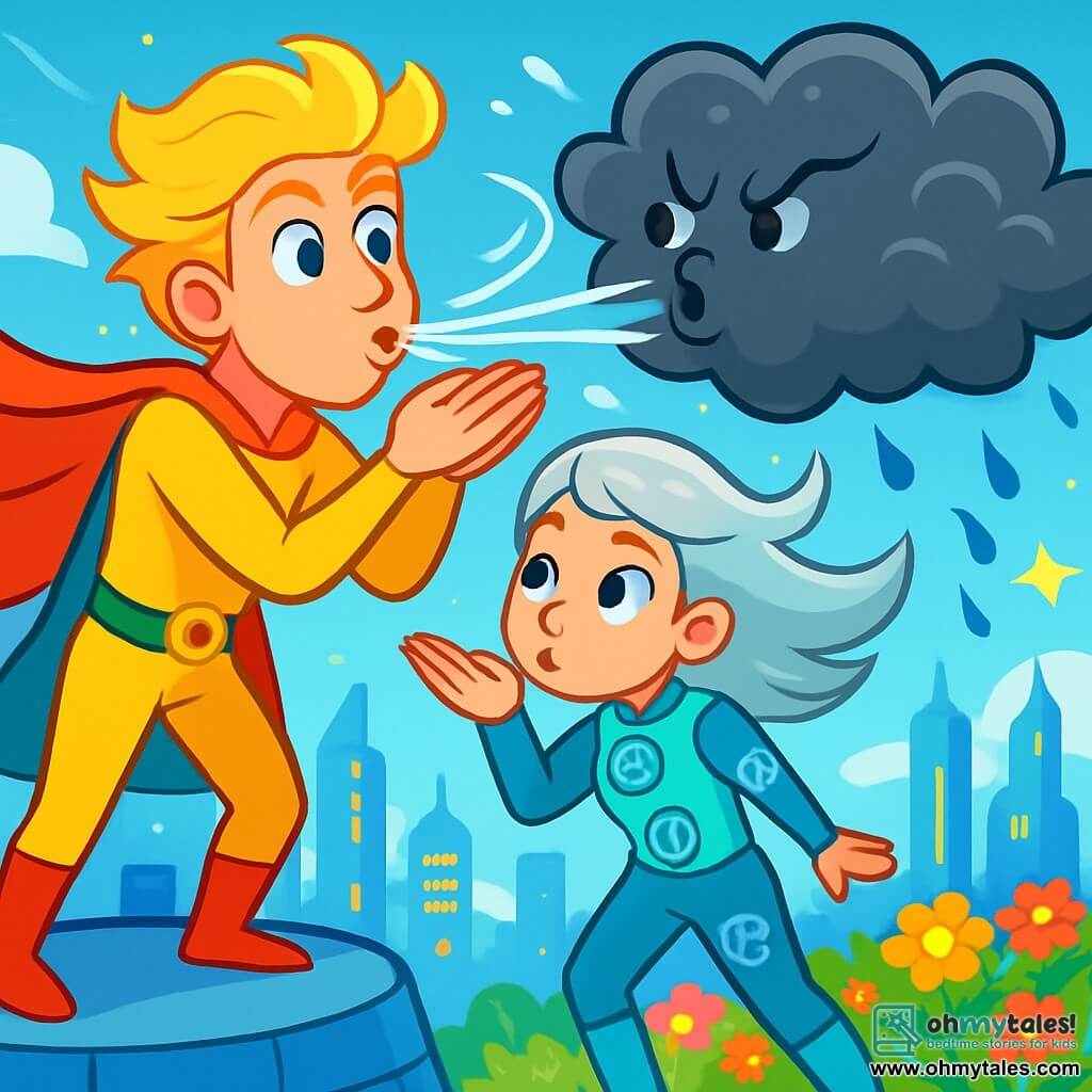 Zephyro, a tall and slender man with flowing golden hair and bright blue eyes, stands atop a shining tower in Luminopolis. He wears a confident and determined smile, his light cape fluttering in the wind. Beside him, Dr. Whirl, a young woman around 25 with constantly moving silver hair and a costume adorned with small fans, watches with a curious and intrigued expression, slightly stepping back, ready to use her air powers. The setting is a futuristic city with sparkling buildings under a clear blue sky, floating lights illuminating the streets below, and colorful gardens filled with flowers dancing in the gentle rain. The main scene shows Zephyro and Dr. Whirl united, blowing together to disperse a threatening dark cloud, while bursts of light and raindrops fall around them, creating an atmosphere of cooperation and hope.