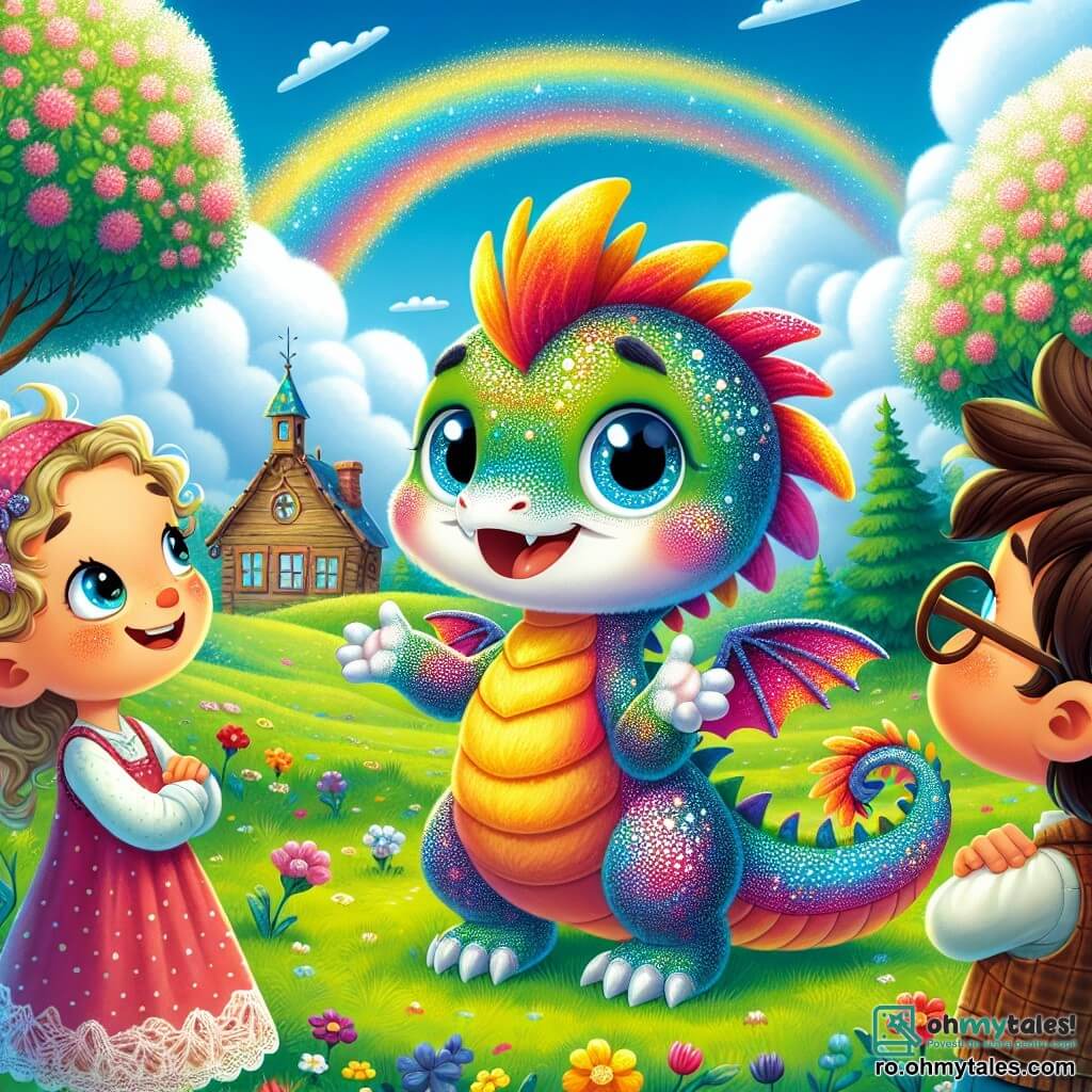 Zuzu, un dragon mic cu solzi strălucitori de toate culorile curcubeului, stă în centrul imaginii, zâmbind și având ochii strălucitori de entuziasm, ridicând o labă pentru a-și cere scuze prietenilor. În stânga sa, Mara, o fetiță cu părul blond și buclat, poartă o rochie roz și se uită la Zuzu cu un zâmbet cald, arătând că este fericită că a auzit adevărul. În dreapta, Luca, un băiat cu părul brun și ochelari rotunzi, își încrucișează brațele cu un aer amuzat, râzând de situație, dar fiind înțelegător. Scena are loc într-o poiană verde frumoasă, înconjurată de copaci înfloriți și flori colorate, cu un cer albastru strălucitor și nori pufoși plutind ușor. În fundal, se vede o mică școală din lemn, adăugând un strop de farmec mediului. Situația principală arată cum Zuzu își mărturisește prietenilor că a mințit despre existența unei pepiniere secrete pline de comori, în timp ce prietenii săi îl ascultă atent, pregătiți să-i ofere sprijinul și prietenia lor.