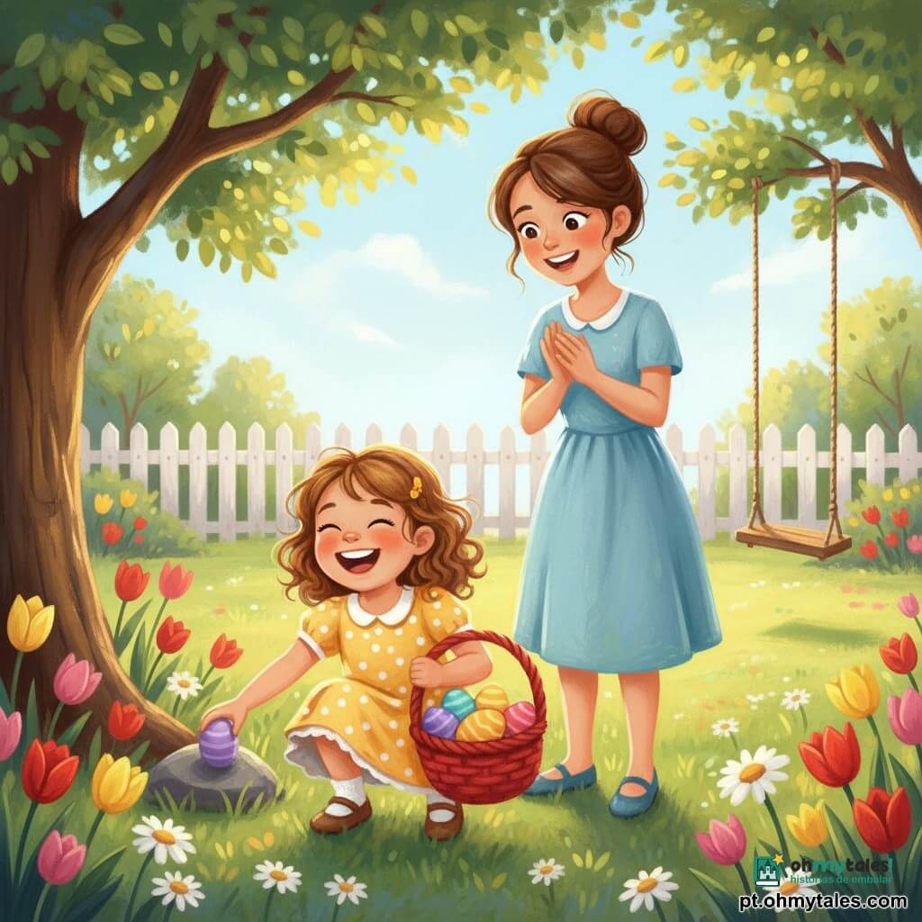 Menina de 4 anos, cabelos castanho-claro encaracolados, olhos risonhos e grande sorriso, veste roupa primaveril amarela com bolinhas brancas; agacha-se para pegar um ovo roxo escondido atrás de uma pedra, com uma mão sobre o ovo e uma cesta de vime vermelha já cheia de ovos coloridos. Mãe de cerca de 32 anos, cabelos castanhos presos em coque, vestido azul-claro, está em pé atrás à direita, aplaudindo e sorrindo orgulhosa, olhando para a menina. Jardim ensolarado com relva verde, tulipas e margaridas vermelhas, amarelas e rosas, uma árvore grande à esquerda, cerca branca ao fundo e um balanço de madeira à direita. Luz quente de primavera, sombras suaves, paleta viva (azul-céu, verde-esmeralda, amarelo, vermelho, roxo), traço em pastel grosso com texturas visíveis, contornos suaves e formas arredondadas para uma atmosfera alegre e terna.