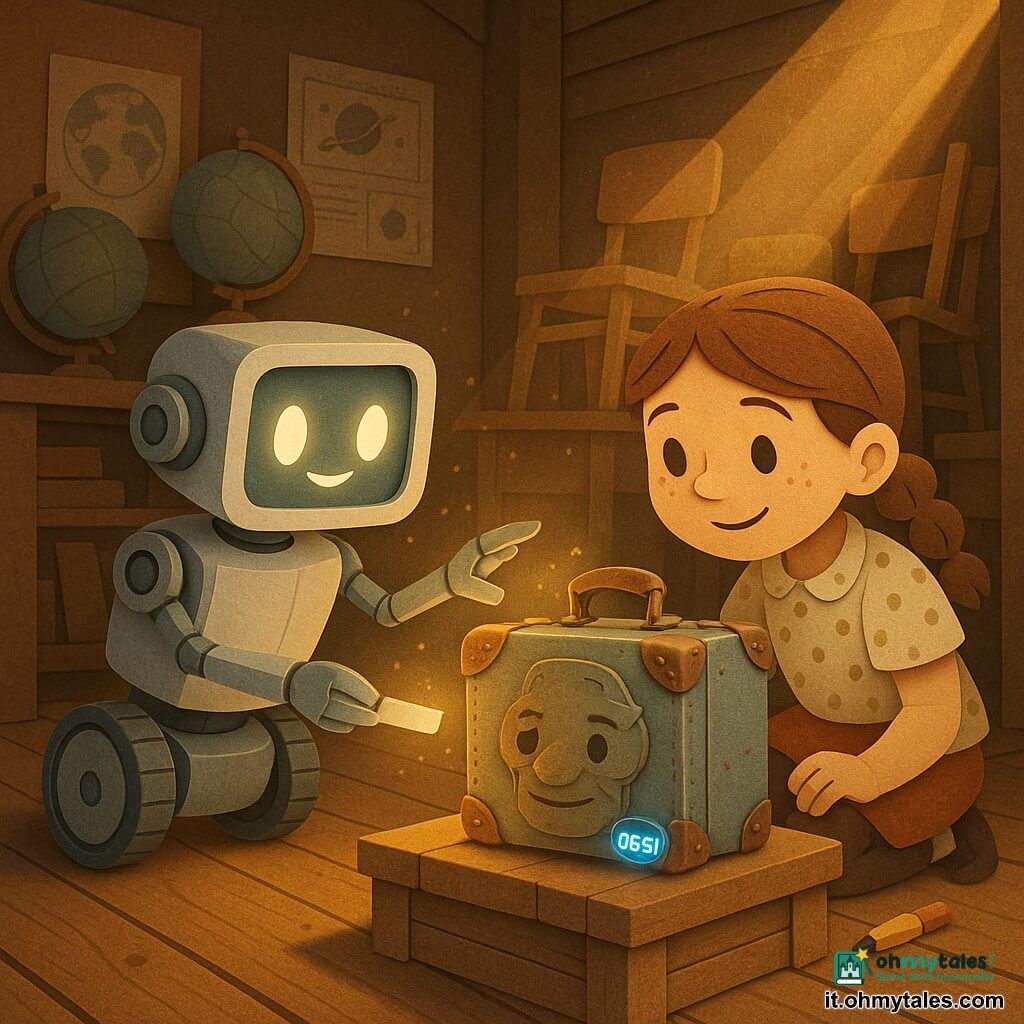 Un piccolo robot assistente di biblioteca giocattolo dal corpo bianco perlaceo con ruote grigie e uno schermo quadrato che mostra una faccina luminosa, espressione emozionata e determinata, tende un braccio metallico verso una valigia brillante che emette una tenue luce; accovacciata accanto a lui una bambina di circa 9 anni con treccia castana, grembiule a pois leggermente stropicciato e sguardo curioso e sorridente, tiene una gomma e una matita come se avesse appena scritto un'etichetta; una vecchia valigia metallica patinata con angoli in pelle consumata e un piccolo pulsante luminoso blu con la scritta OGGI riposa su una cassa di legno al centro della scena; il tutto in un vecchio magazzino scolastico illustrato a carta ritagliata con assi scricchiolanti, globi impolverati, pile di sedie e raggi di luce dorata nella polvere; momento calmo e magico in cui robot e bambina hanno appena riparato l'etichetta della valigia temporale, atmosfera calda con polvere scintillante e contrasti tra toni caldi del legno e pelle e freddi metallici, composizione centrata ed espressioni e gesti chiaramente leggibili.