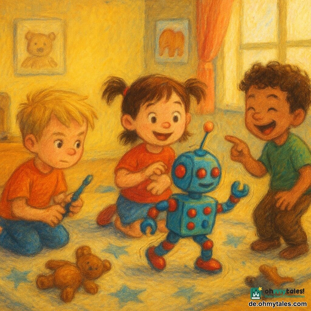 Ein fröhliches, staunendes 4‑jähriges Mädchen mit kurzen kastanienbraunen Zöpfen spielt lächelnd auf einer kleinen Tamburinette und schaut einen tanzenden Roboter an; links neben ihr kniet ihr 6‑jähriger großer Bruder mit blonden, zerzausten Haaren, konzentriert und stolz, hält einen Plastikschraubenzieher, rechts leicht hinter ihr steht ihr verschmitzter 5‑jähriger Bruder mit lockigen braunen Haaren und kitzelt den Roboter; der kleine, metallische, bunte Roboter mit runden roten und blauen Knöpfen, beweglichen Armen und vibrierender Antenne springt und dreht sich mitten unter den Kindern; das helle Zimmer hat einen weichen Sternenteppich, eine offene Holzkiste mit Spielzeug, verstreute Plüschtiere, Tierposter an den Wänden und warmes Morgenlicht am Fenster — die Szene zeigt eine freudig-chaotische Tanzparty mit lachenden Kindern, übertriebenen Bewegungen, kräftigen Farben, pastelligen Texturen, weichen Konturen und einer warmen, verspielten Stimmung.
