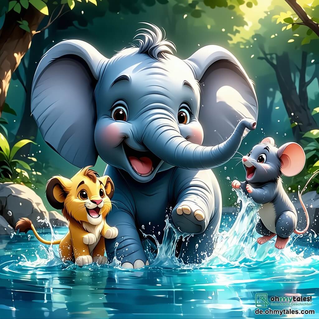 Ein fröhlicher Elefant namens Emil mit großen runden Ohren und einem strahlenden Lächeln springt in das Wasser eines wunderschönen großen Wasserfalls und spritzt glitzernde Tropfen um sich herum. Neben ihm lacht ein kleiner Löwe namens Leo mit einer goldenen Mähne und funkelnden Augen, während er ins Wasser springt, während eine kleine Maus namens Mimmi mit grauem Fell und neugierigen Augen sich hinter einem großen Blatt versteckt, bereit zu springen. Der Ort ist ein tropisches Grün mit bunten Blumen und großen Bäumen, während die untergehende Sonne den Himmel in orange und rosa Tönen erleuchtet. Die Szene zeigt die Freundschaft und Freude der Tiere, während sie zusammen im kühlen Wasser des Wasserfalls Spaß haben und eine verspielte, lebendige Atmosphäre schaffen.