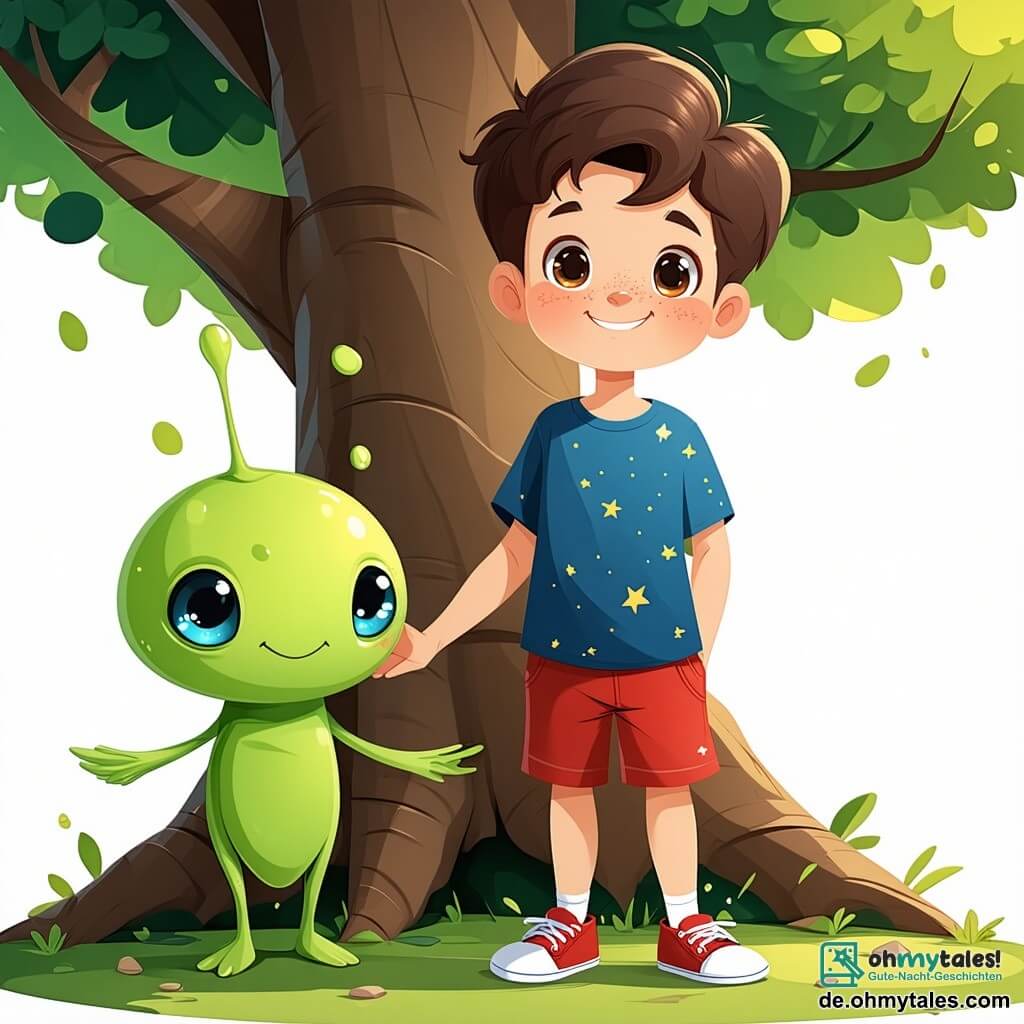 Ein 7-jähriger Junge namens Felix mit zerzausten braunen Haaren und neugierigen Augen steht vor einem großen Baum. Er trägt ein blaues T-Shirt mit Sternen und eine rote Shorts, und sein Gesicht zeigt spürbare Aufregung, während er einen kleinen Außerirdischen entdeckt. Der Außerirdische, Zog, ist ein kleines grünes Wesen mit großen leuchtenden Augen und einer runden Form, das leicht über dem Boden schwebt. Er lächelt fröhlich, die Arme offen, als wäre er bereit für eine Umarmung. Der Ort ist ein sonniger Park mit einem dicken Baumstamm, bunten Blumen und einem blauen Himmel mit flauschigen weißen Wolken. Im Hintergrund sieht man einen funkelnden kleinen Teich, in dem Frösche fröhlich springen. Die Hauptsituation zeigt Felix und Zog, die miteinander sprechen, während Felix auf die Richtung eines Teiches zeigt, während Zog interessiert aussieht, bereit, Felix auf ein neues Abenteuer zur Suche nach der Glibbberon-Kristallkugel zu folgen.