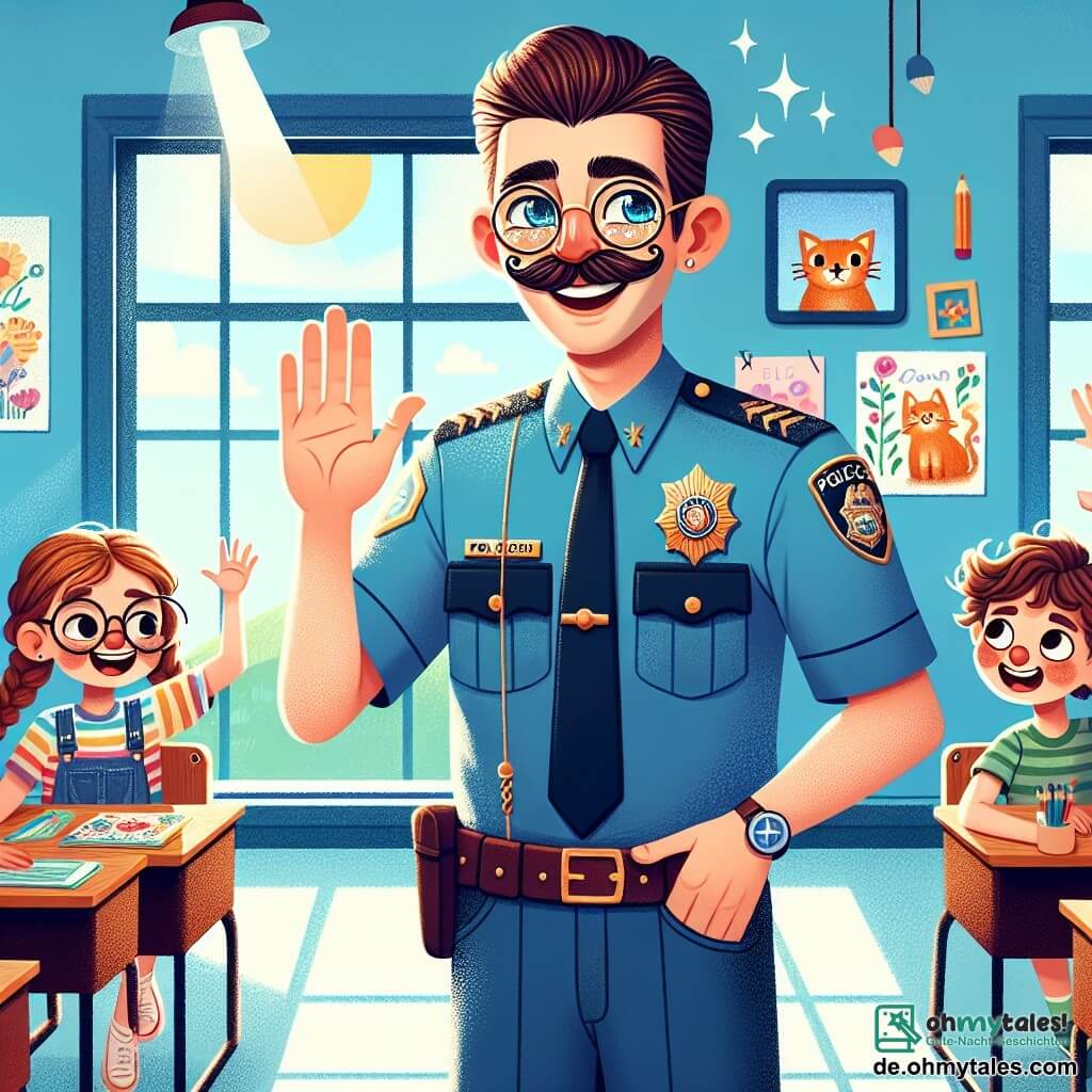 Ein lächelnder Polizist, ein Mann in den Vierzigern mit einem gut gestutzten Schnurrbart und freundlichen Augen, steht in der Mitte der Szene. Er trägt eine leuchtend blaue Uniform mit einem glänzenden Abzeichen auf der Brust und winkt freundlich, während er mit den Kindern spricht. Rechts von ihm hebt ein etwa 8-jähriges Mädchen mit braunen geflochtenen Haaren und runden Brillen begeistert die Hand, bereit, eine Frage zu stellen. Sie trägt ein buntes T-Shirt mit einem Katzenmotiv und eine Jeansshorts. Links von ihm imitiert ein 9-jähriger Junge mit zerzausten blonden Haaren und einem schelmischen Lächeln das Geräusch eines Motors, während er einen Autofahrer spielt. Die Szene findet in einem hellen Klassenzimmer statt, mit Wänden, die mit Kinderzeichnungen dekoriert sind, und Fenstern, die Sonnenlicht hereinlassen. Holztische sind in Reihen angeordnet, und Buntstifte liegen auf den Tischen verstreut. Der Polizist erklärt den Kindern die Bedeutung der Verkehrsregeln, während sie an einem lustigen Rollenspiel teilnehmen, bei dem sie Fußgänger und Autofahrer nachahmen. Die Atmosphäre ist fröhlich und dynamisch, voller Lachen und Lernen.